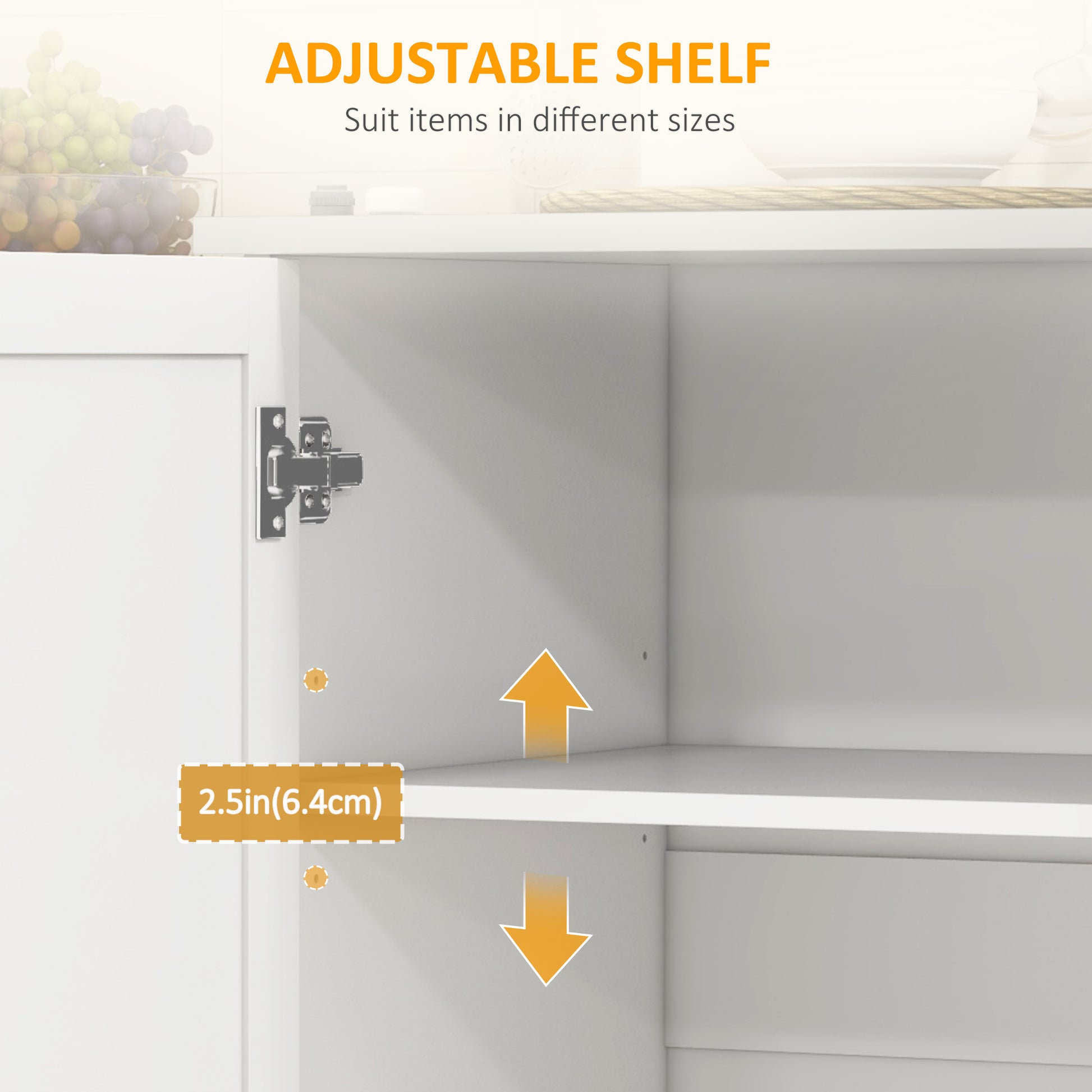 White cabinet interior showing adjustable shelf height of in