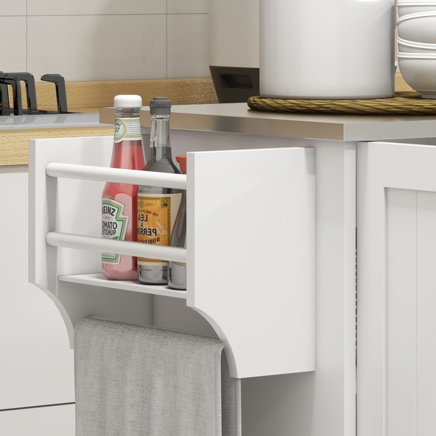 White kitchen cart with condiment rack