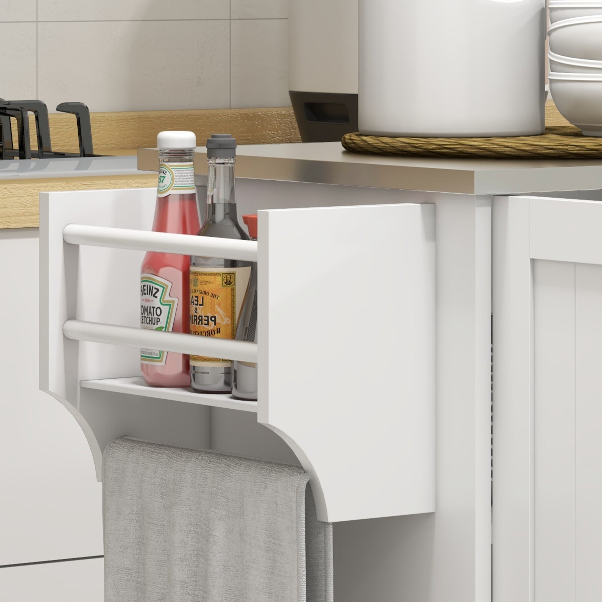 White kitchen cart with condiment rack