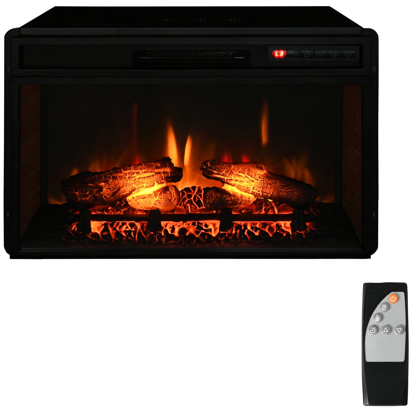 Black electric fireplace with realistic glowing logs and flame effects