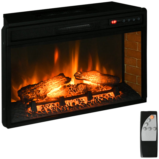 Black electric fireplace with realistic logs and flames