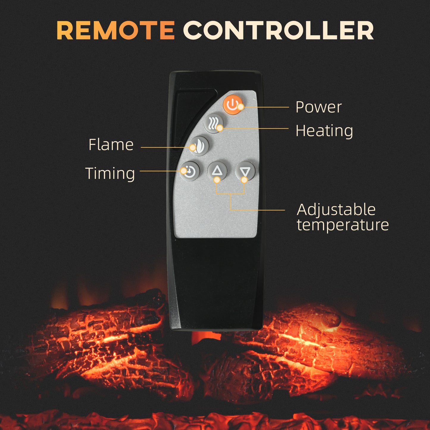 Black remote control for electric fireplace with buttons for power heating flame and timing