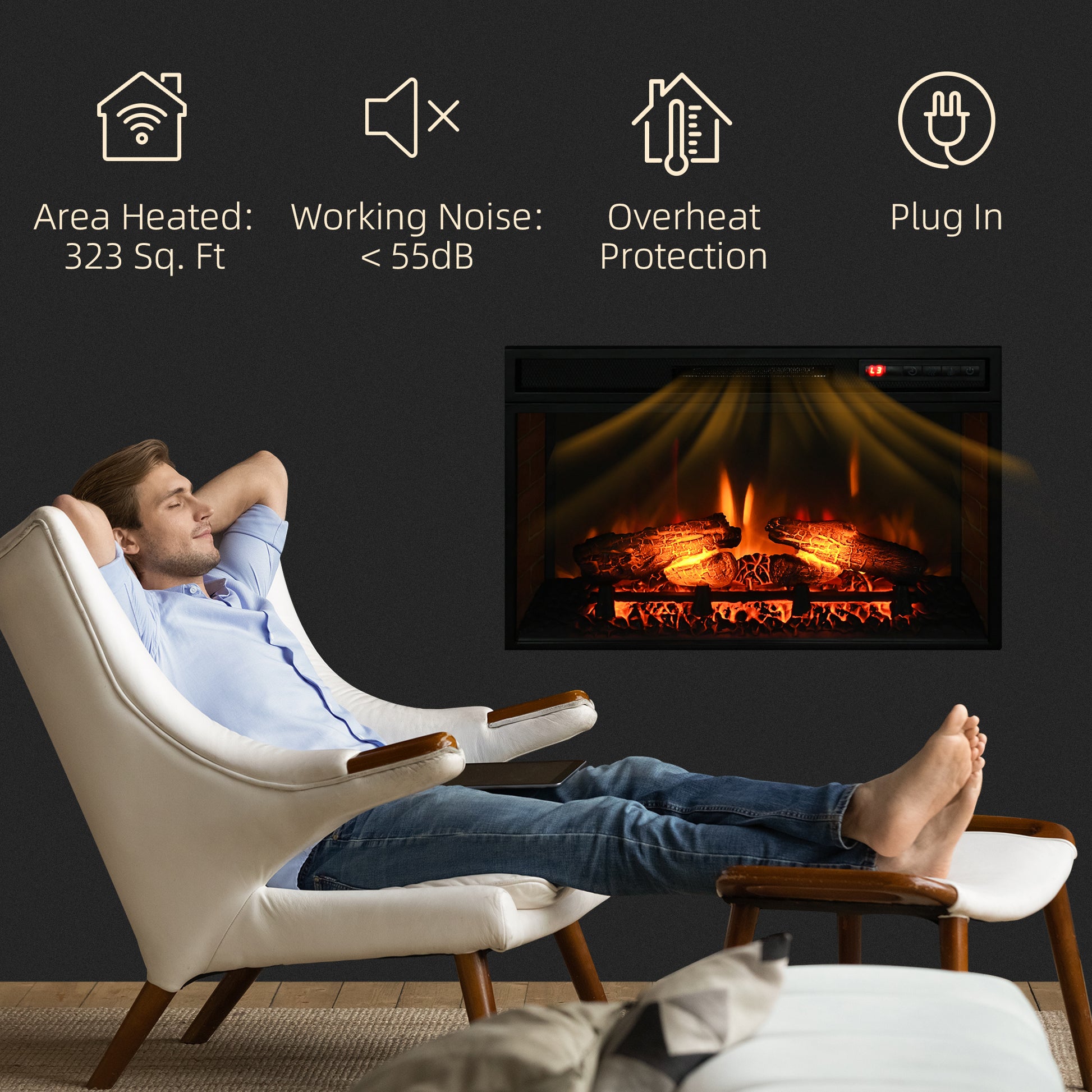Realistic electric fireplace with glowing logs and warm ambient light