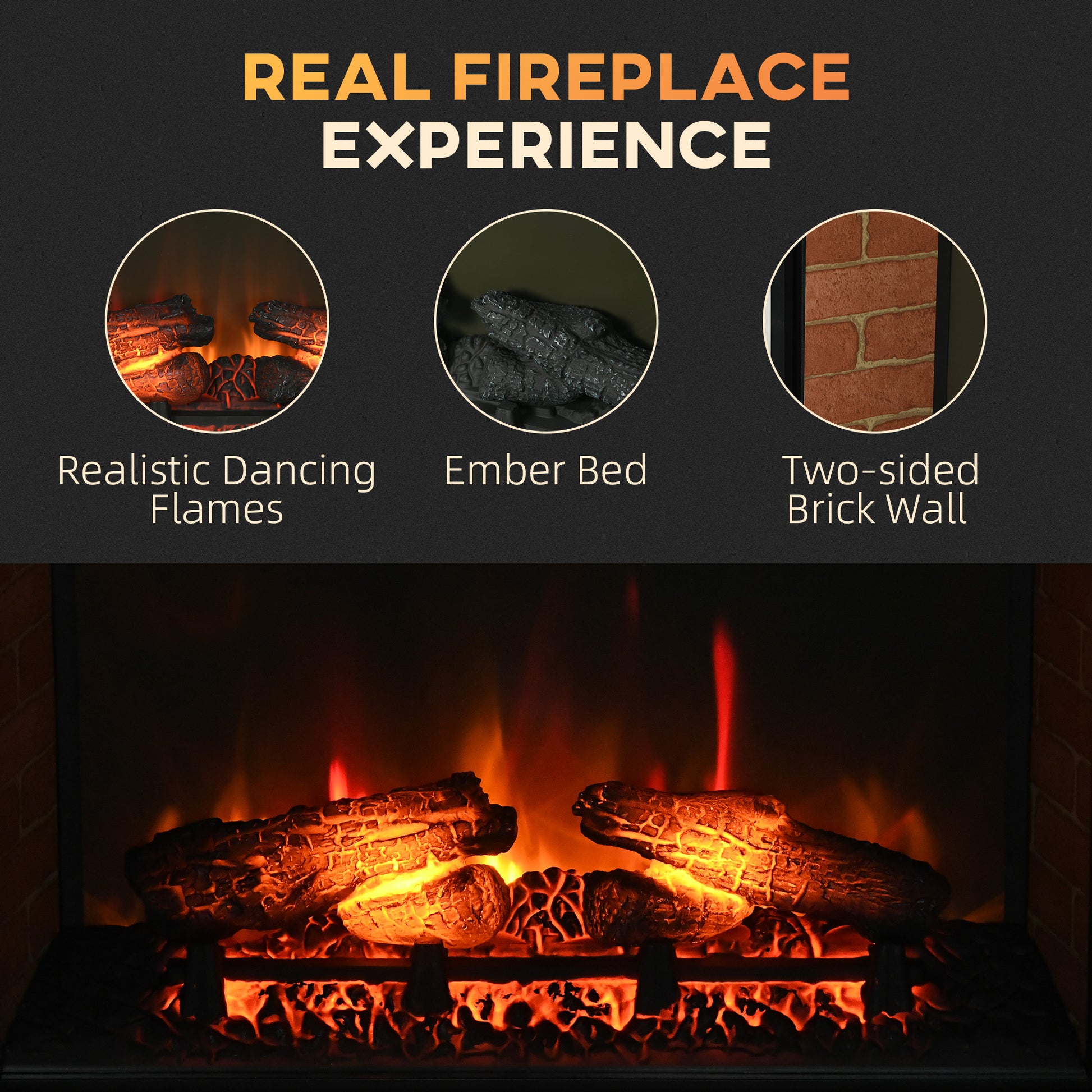 Realistic electric fireplace with dancing flames and glowing ember bed