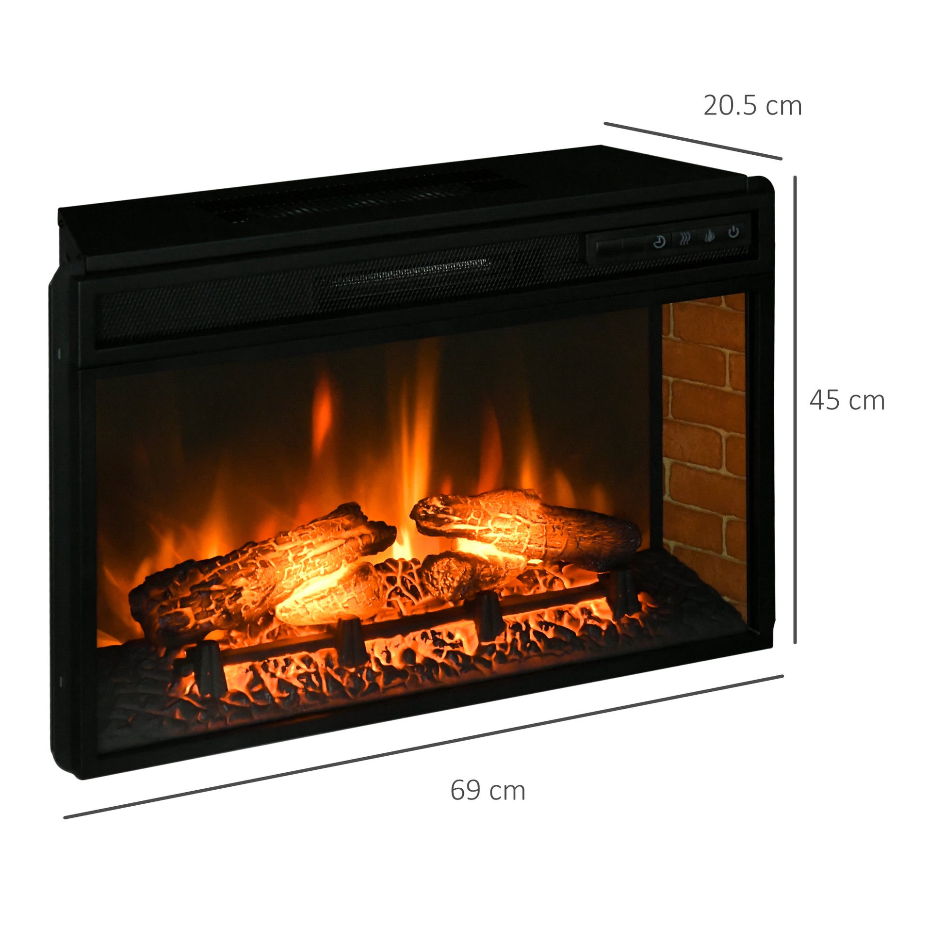 Black electric fireplace insert with realistic glowing logs and flames