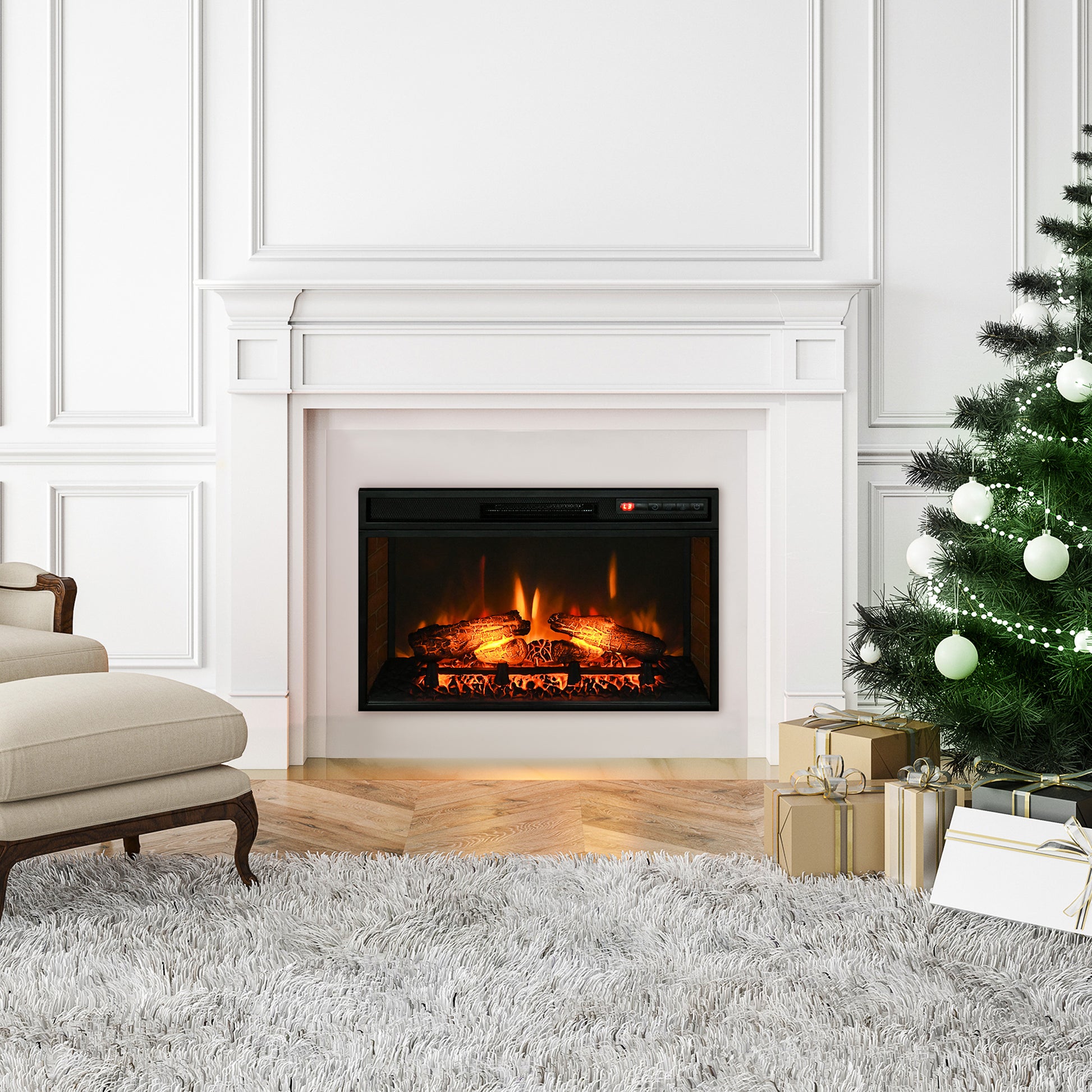 Realistic electric fireplace with glowing logs and flames