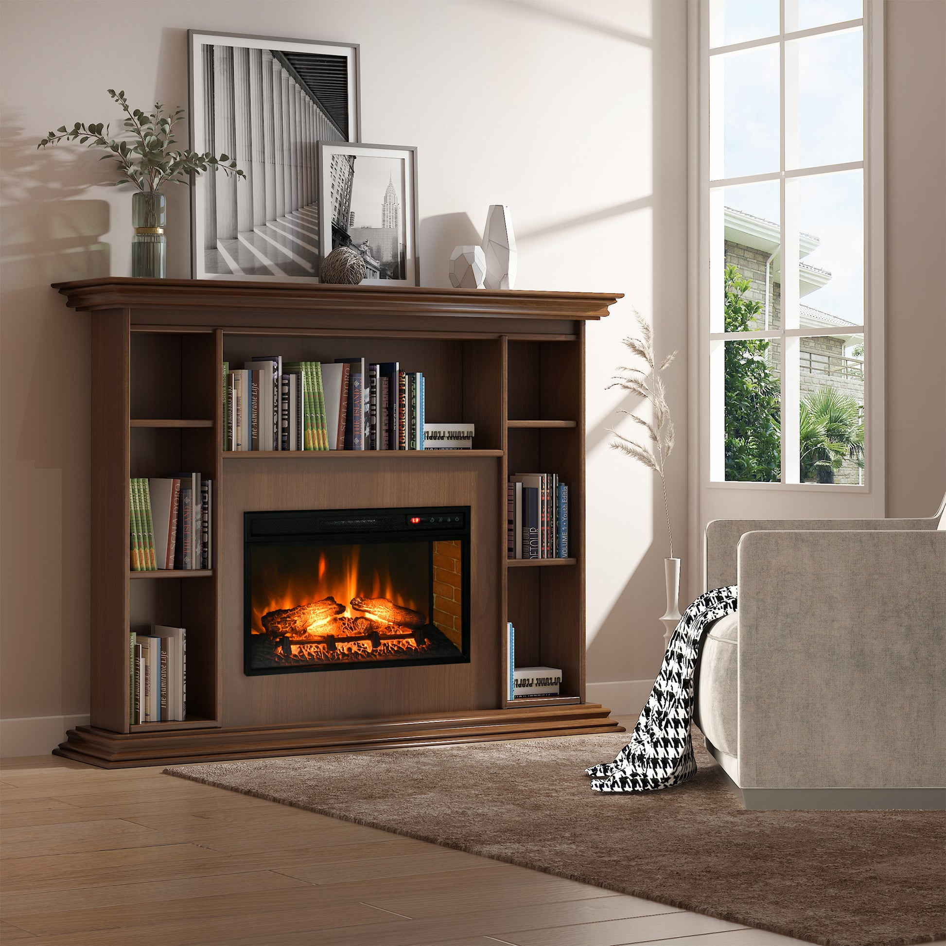 Dark wood media console with builtin electric fireplace and bookshelves