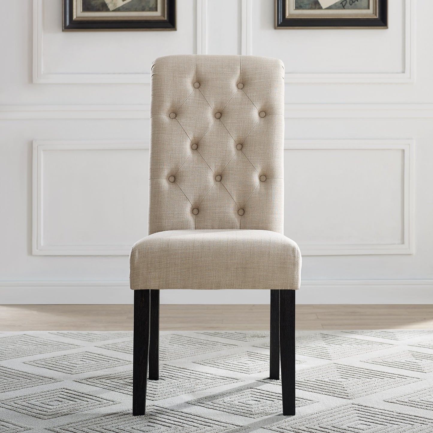 Tufted beige linen dining chair with dark wood legs