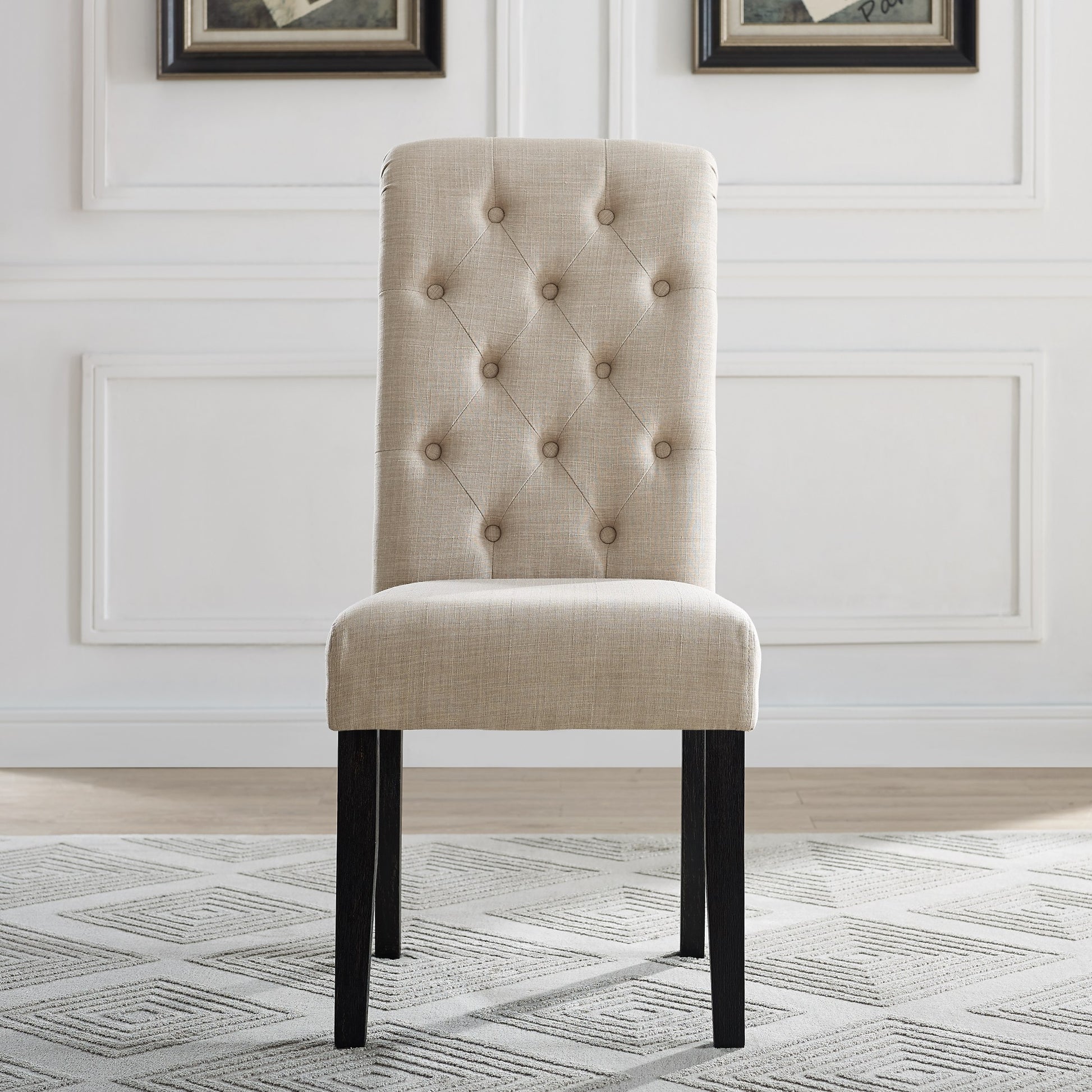 Tufted beige linen dining chair with dark wood legs