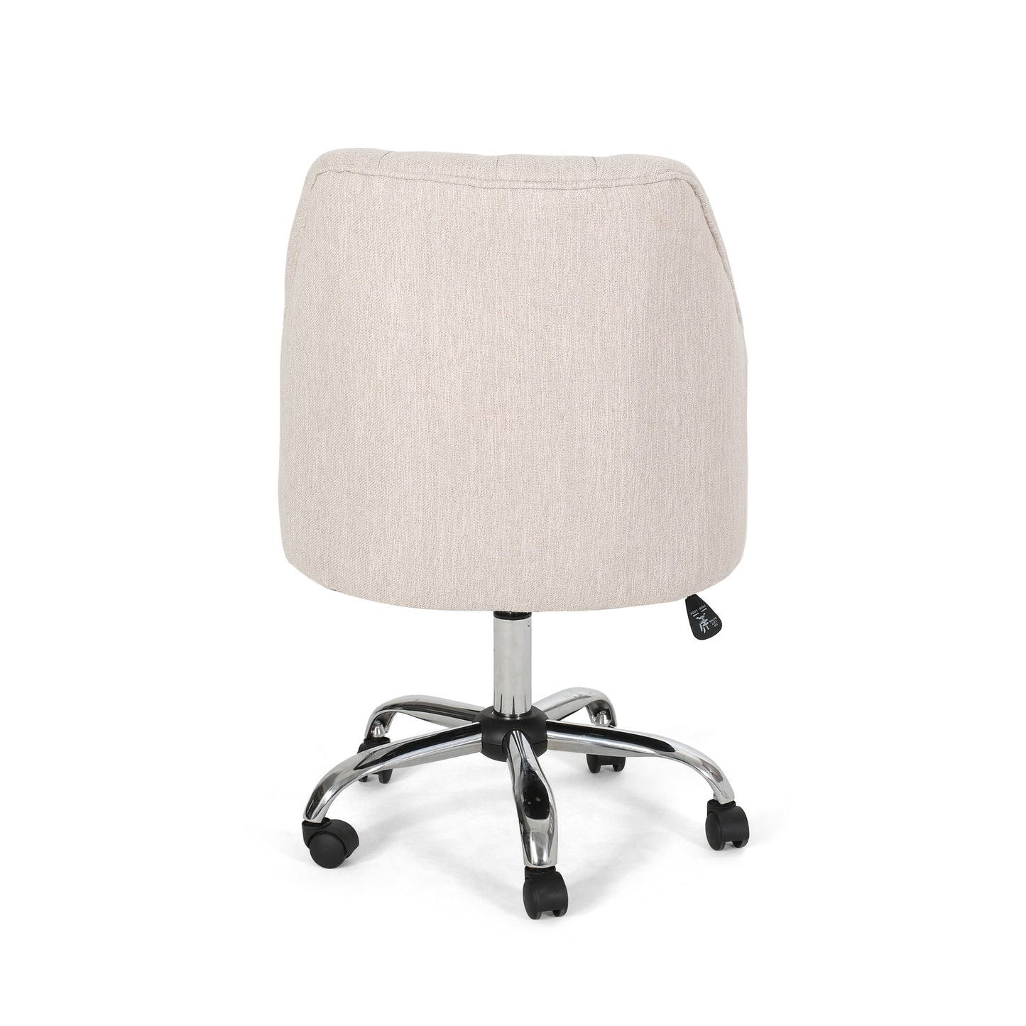 Beige fabric office chair from the back with chrome base and wheels