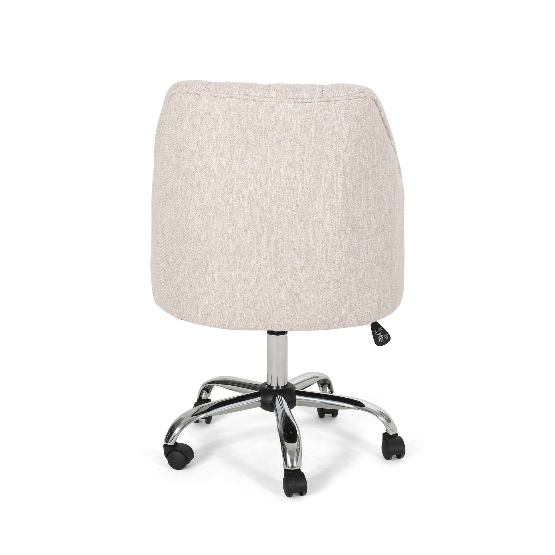 Beige fabric office chair from the back with chrome base and wheels
