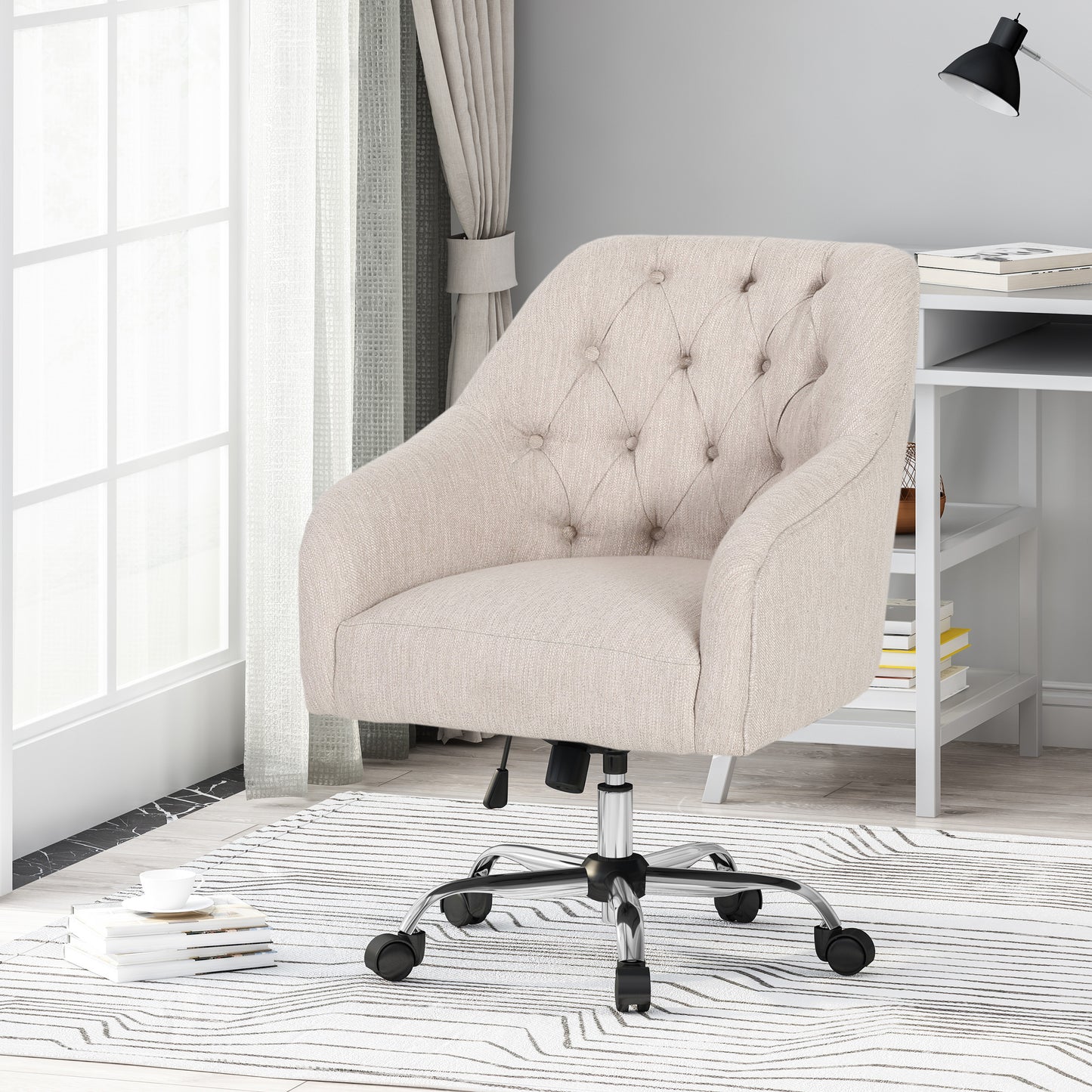 Tufted beige fabric office chair with chrome base and wheels