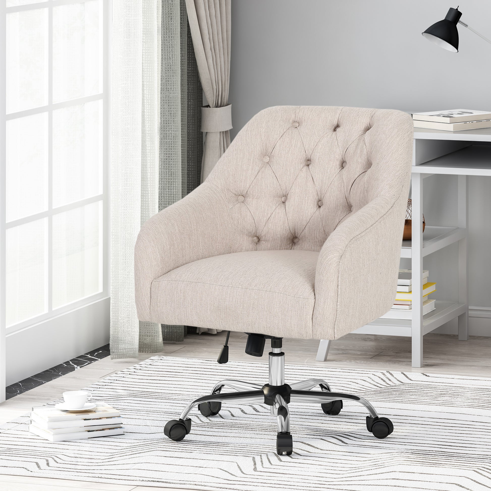 Tufted beige fabric office chair with chrome base and wheels