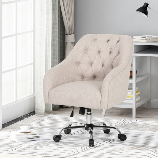 Tufted beige fabric office chair with chrome base and wheels