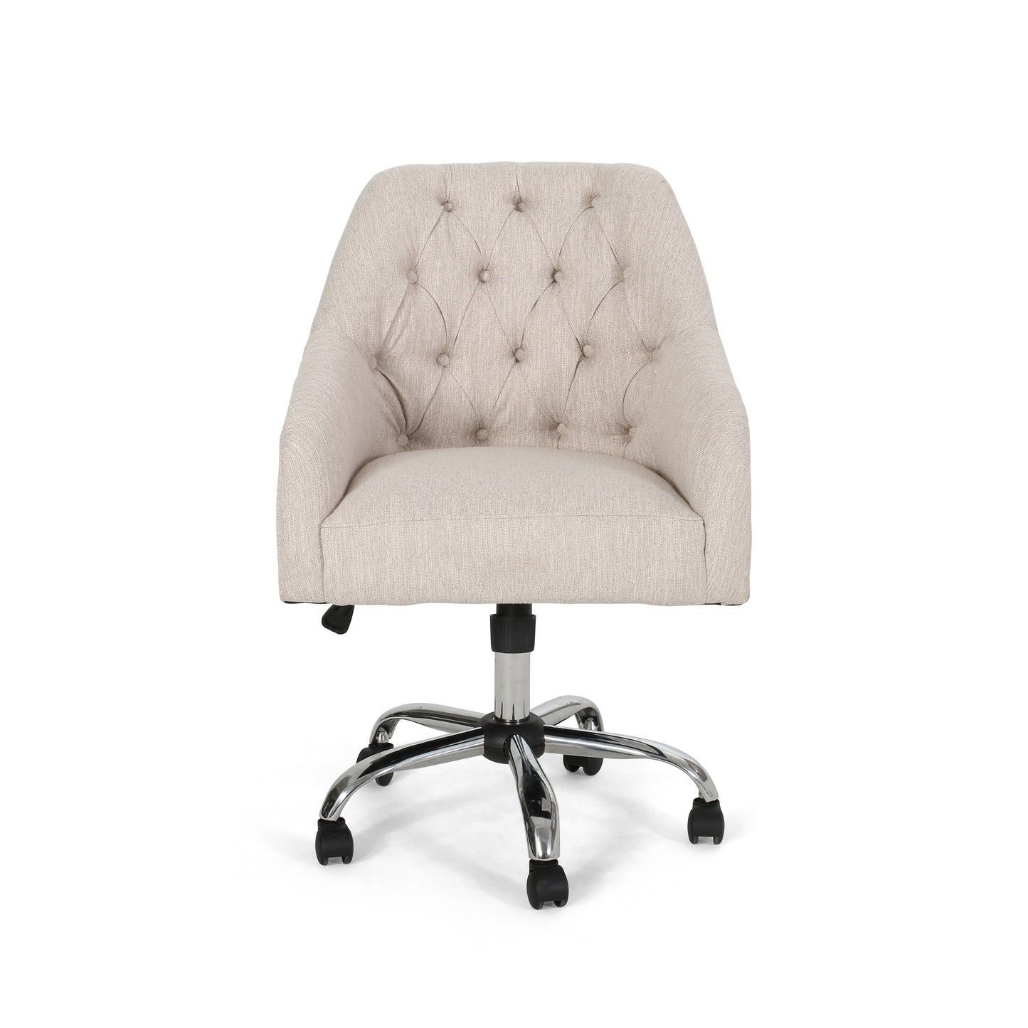 Tufted beige fabric desk chair with silver chrome base and wheels