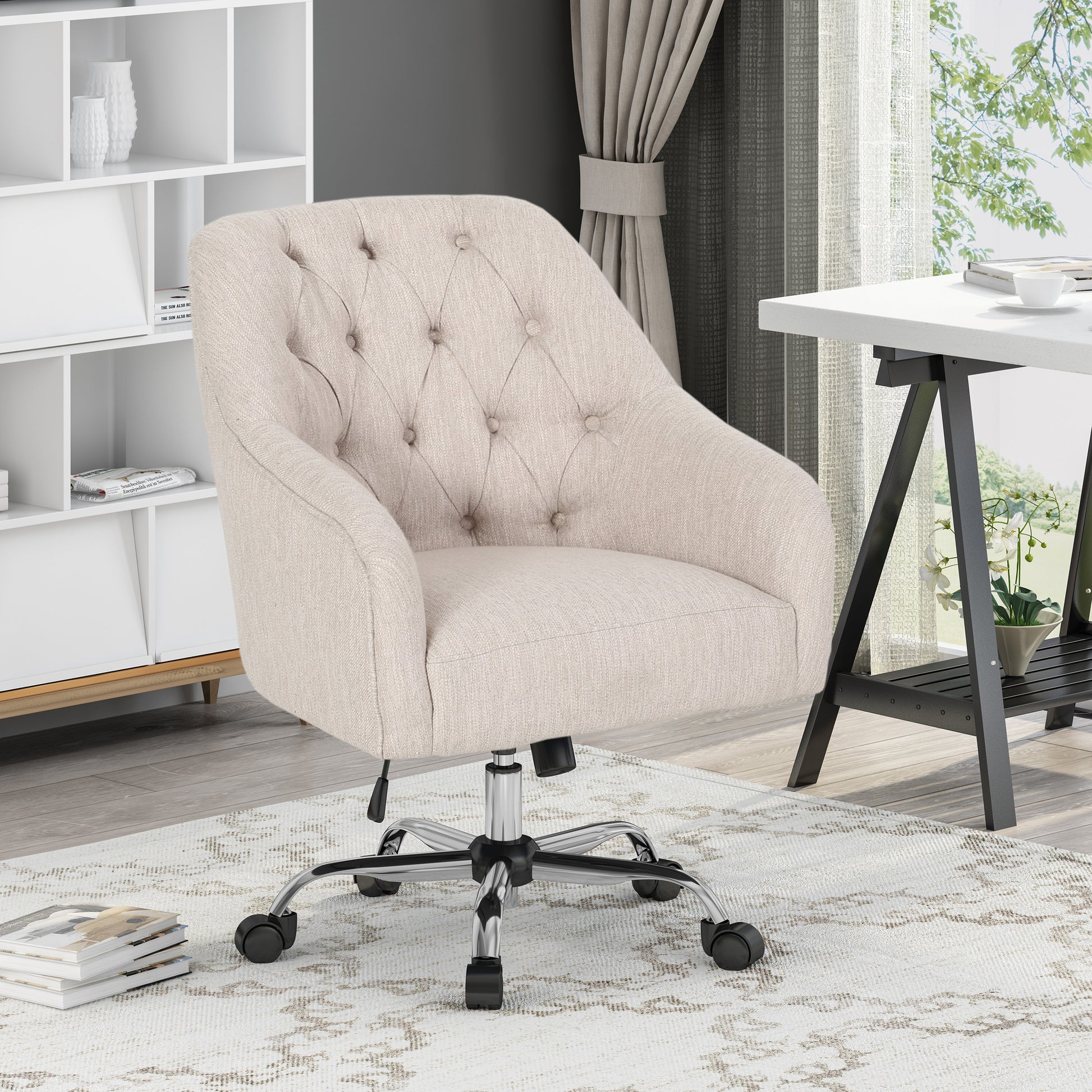Tufted beige fabric office chair with chrome base and wheels