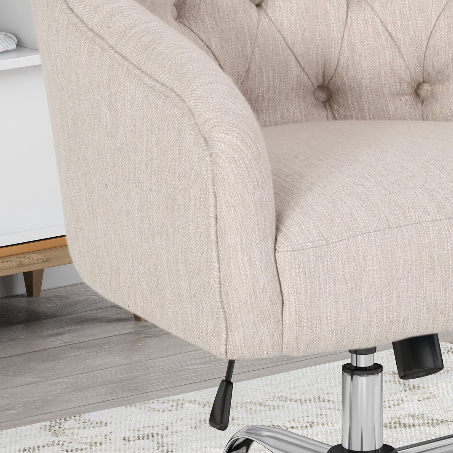Tufted beige fabric office chair armrest and base