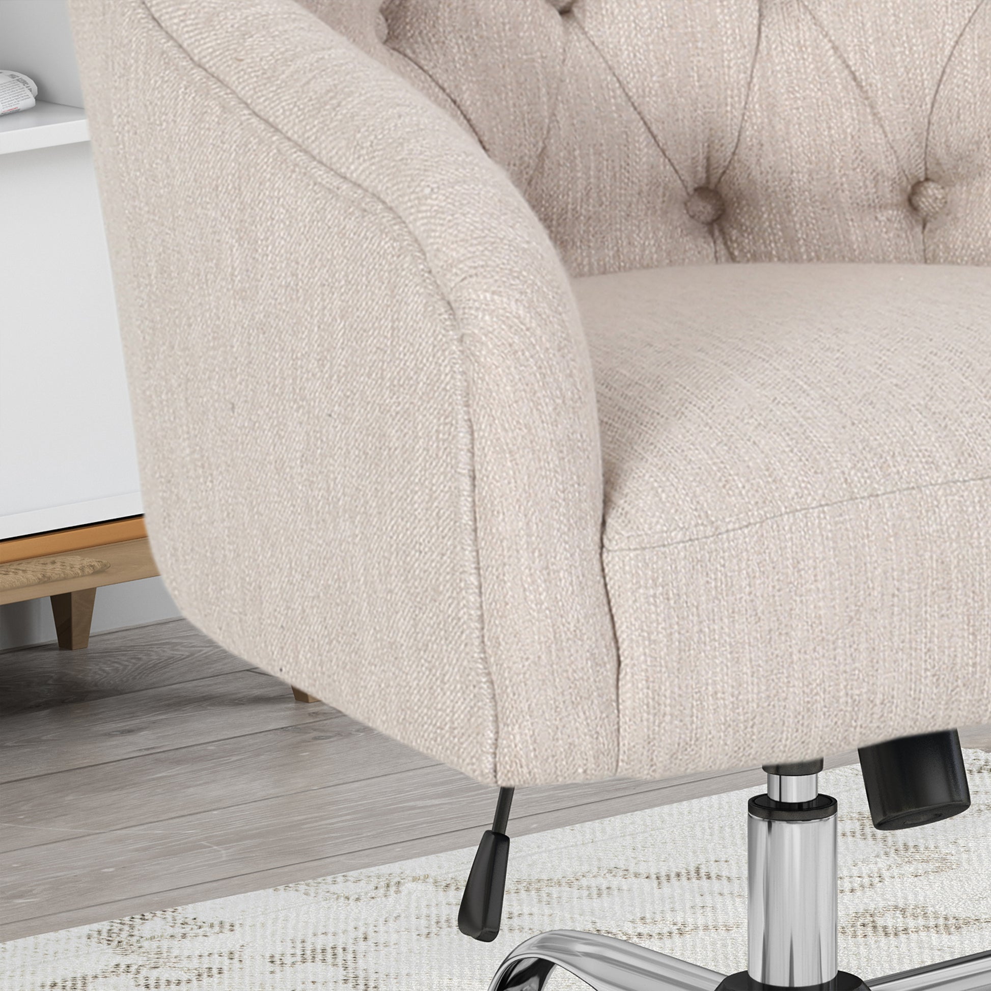 Tufted beige fabric office chair armrest and base