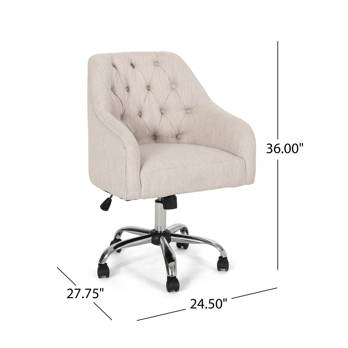 Tufted beige fabric office chair with chrome base and casters