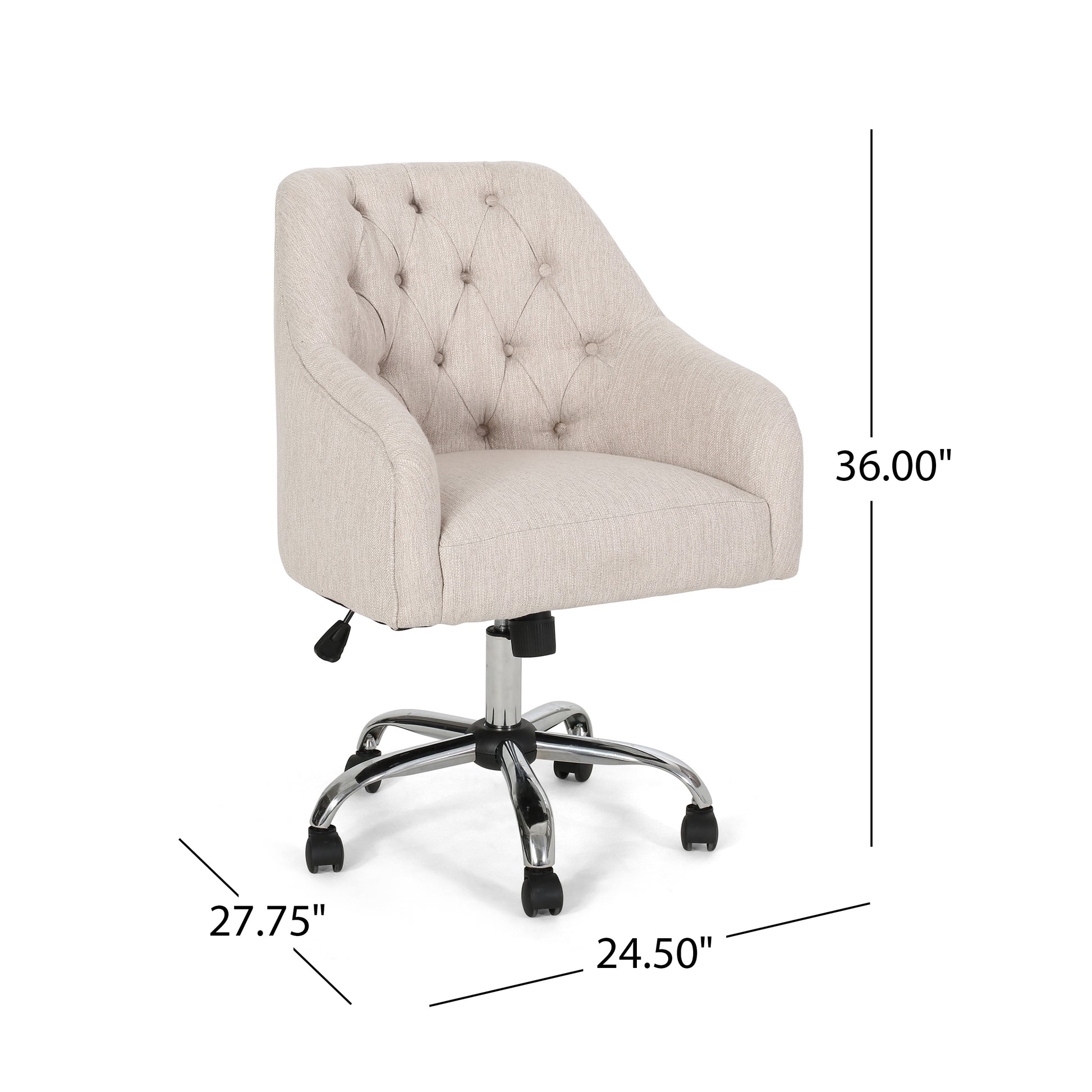 Tufted beige fabric office chair with chrome base and casters