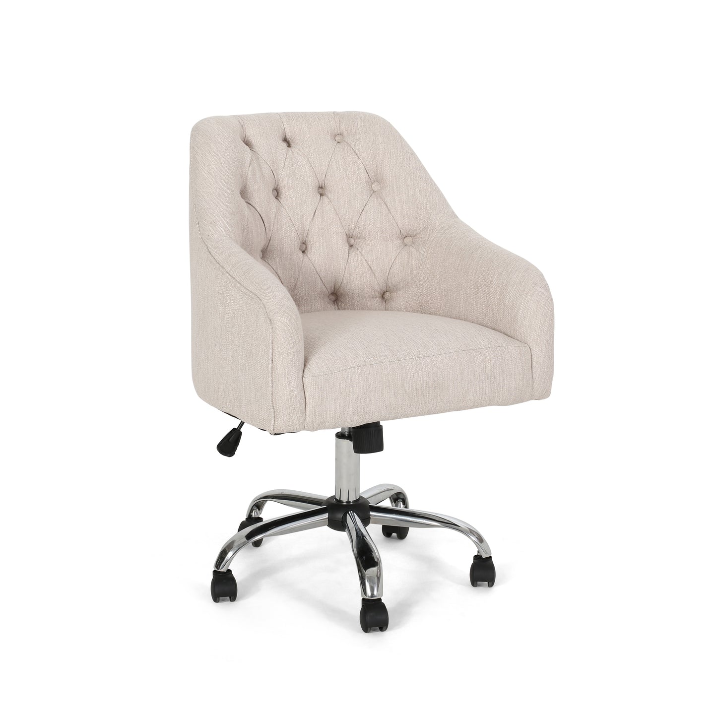Beige upholstered tufted office chair with chrome base and casters