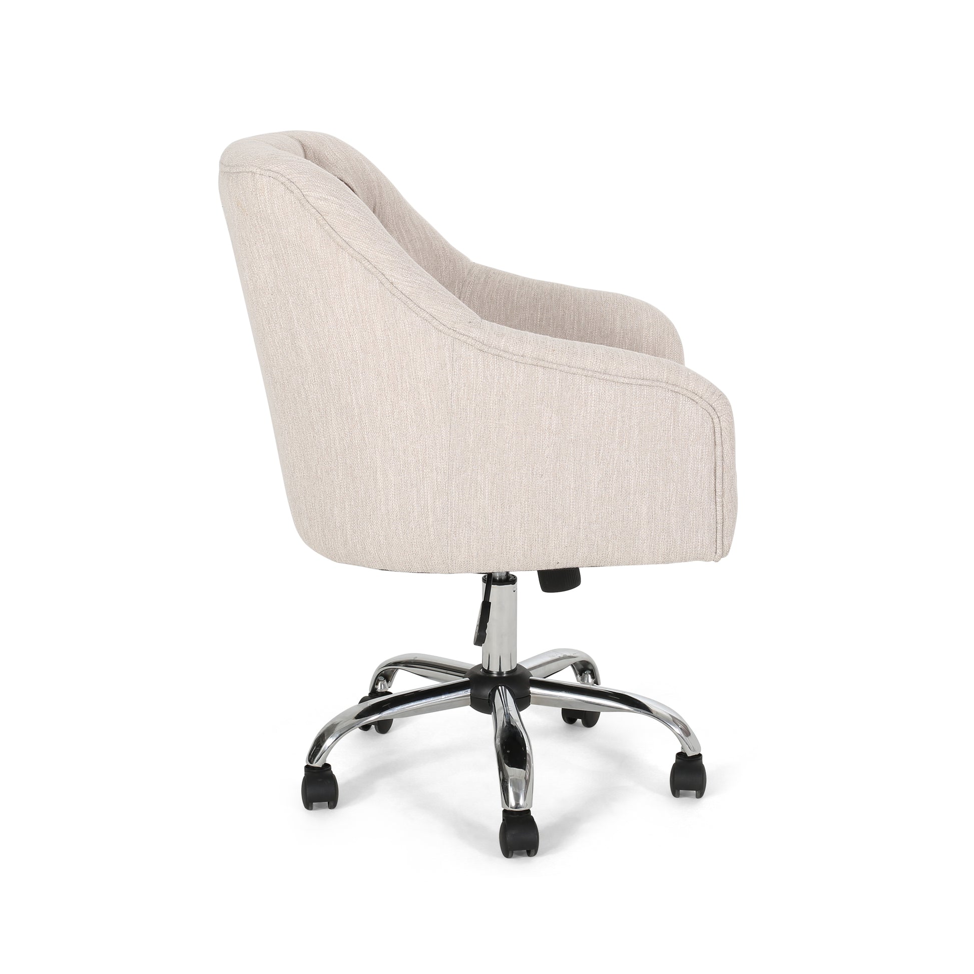 Beige upholstered office chair with tufted back and chrome casters