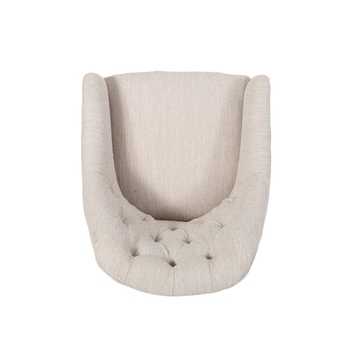 Beige upholstered accent chair with tufted seat and rolled arms