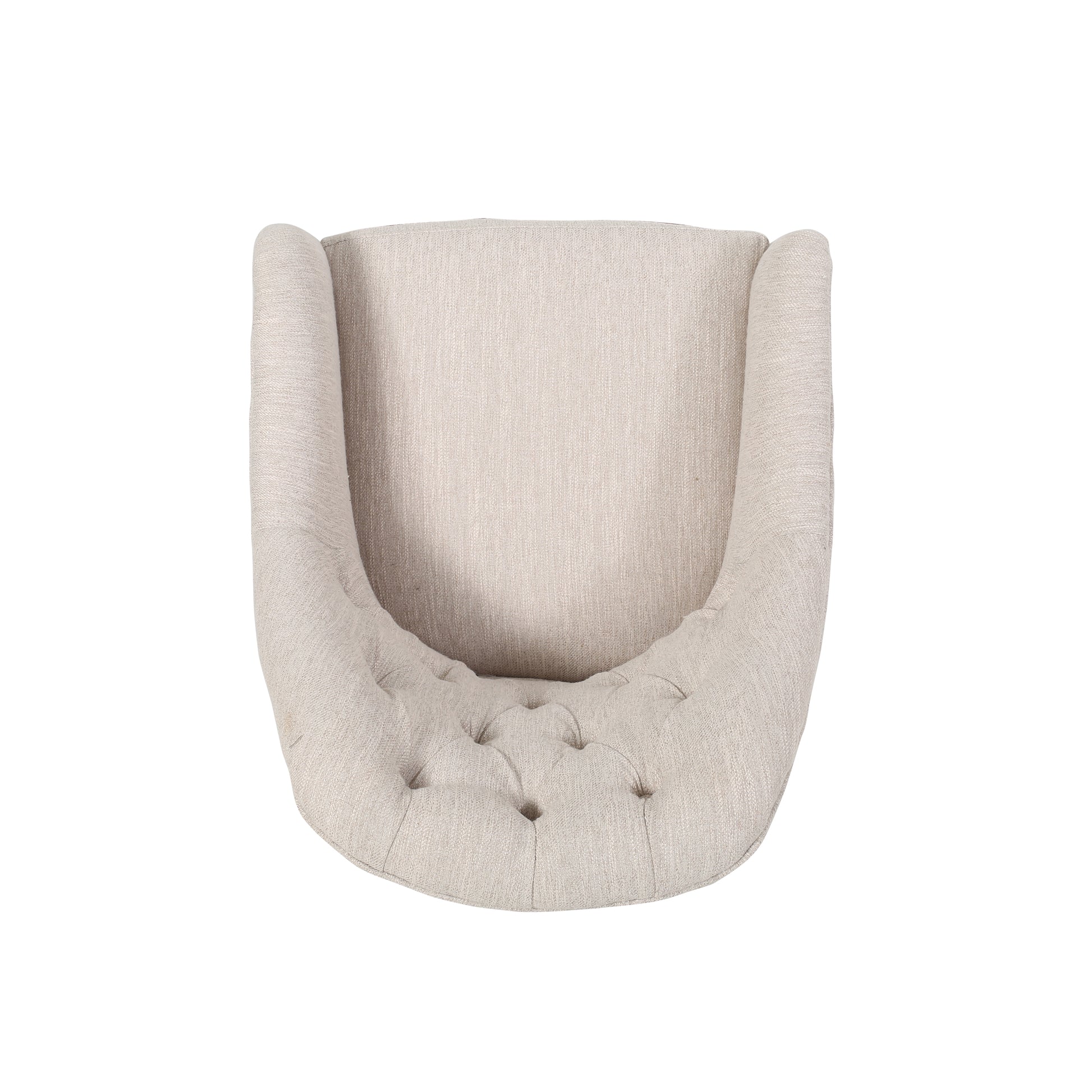 Beige upholstered accent chair with tufted seat and rolled arms