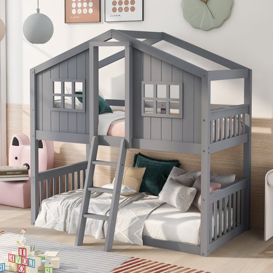 Gray wooden twin over twin bunk bed with house frame