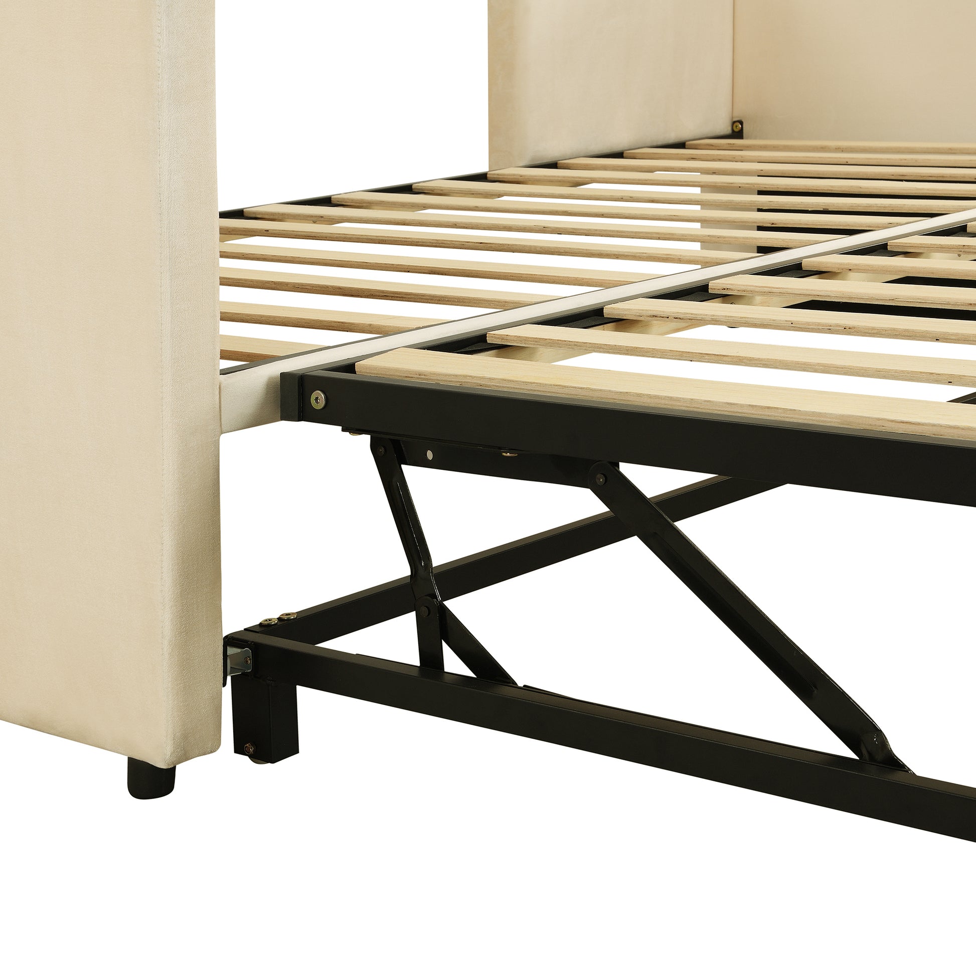 Cream upholstered bed frame with slatted support system