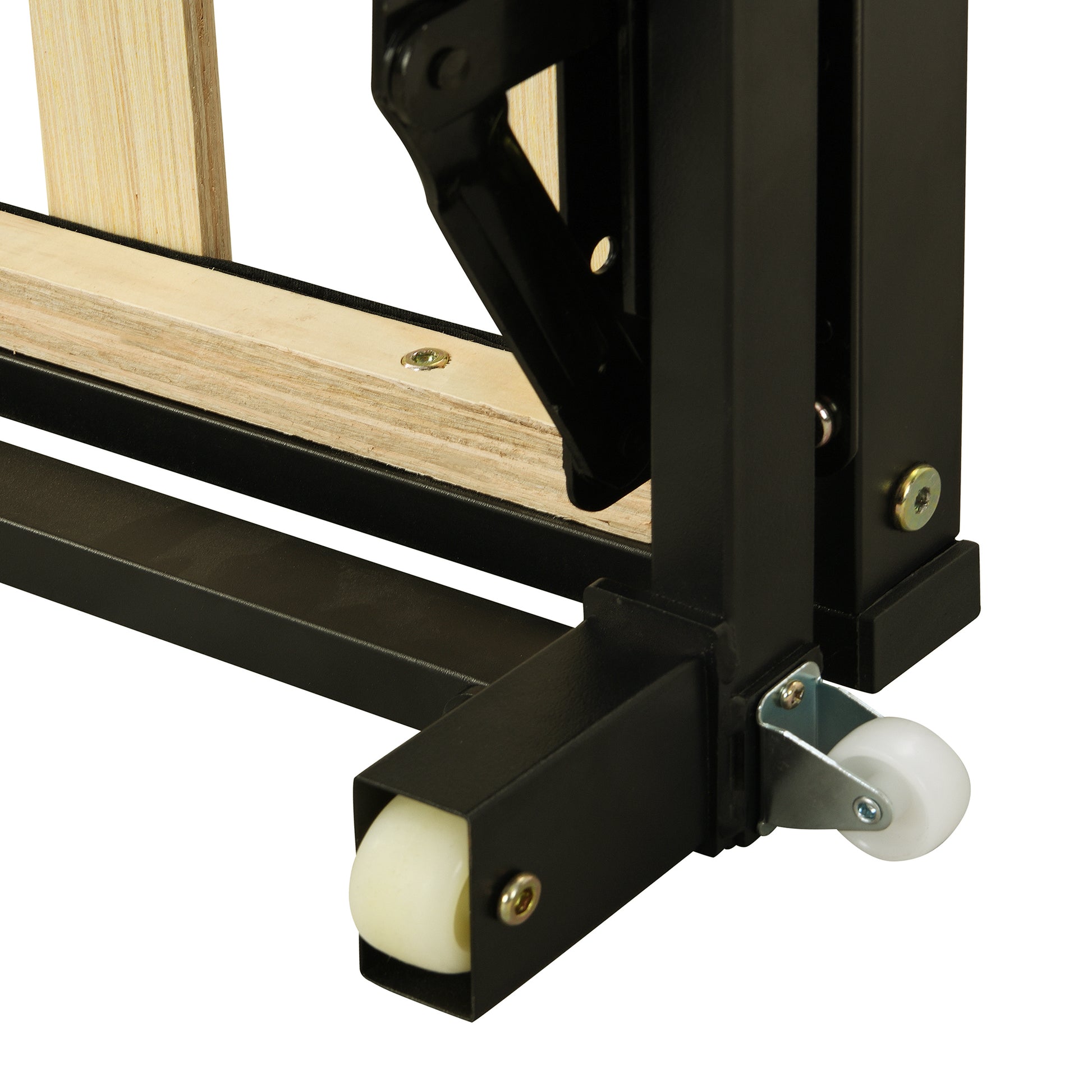 Black metal frame detail with wooden slats and caster wheel