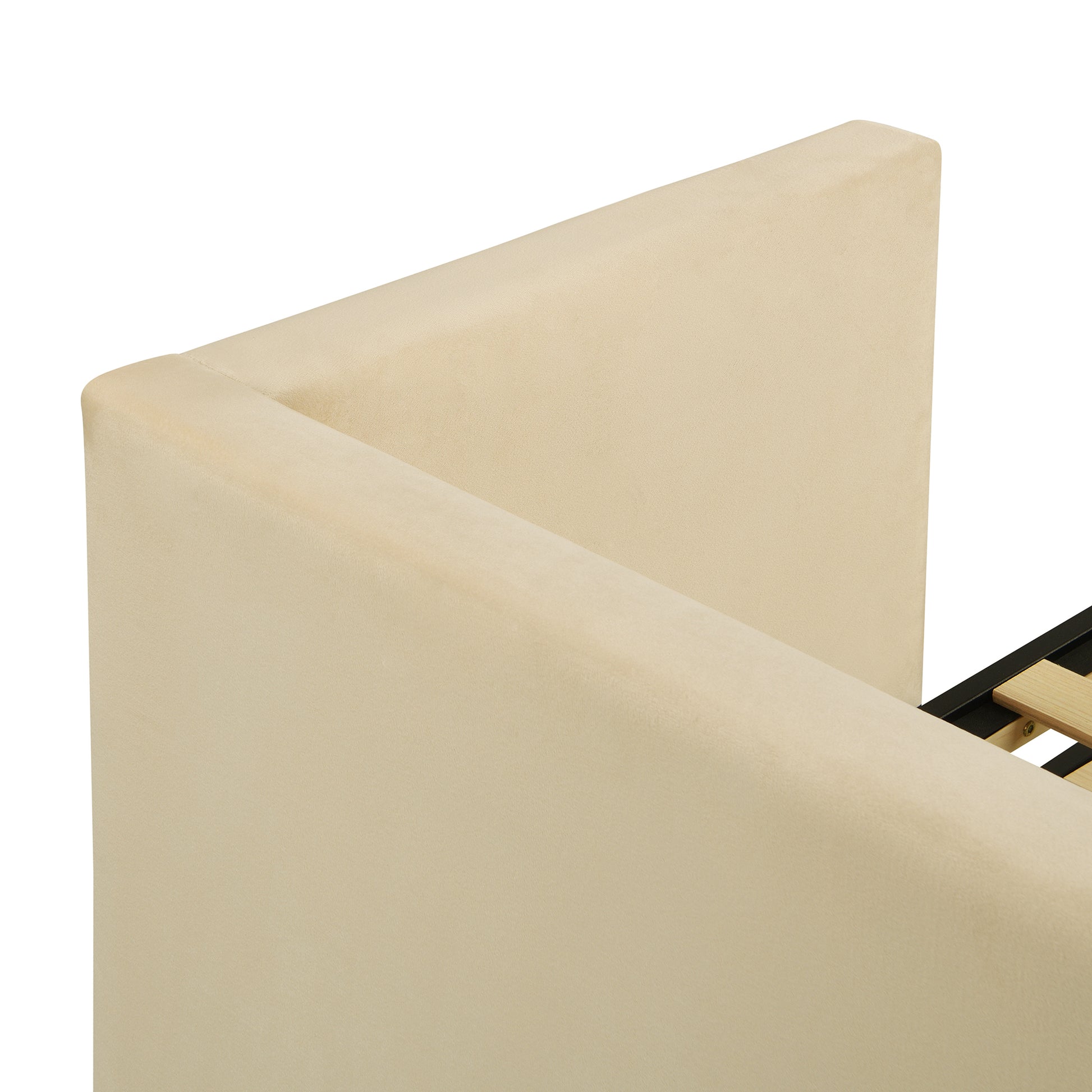 Cream velvet upholstered bed frame headboard detail