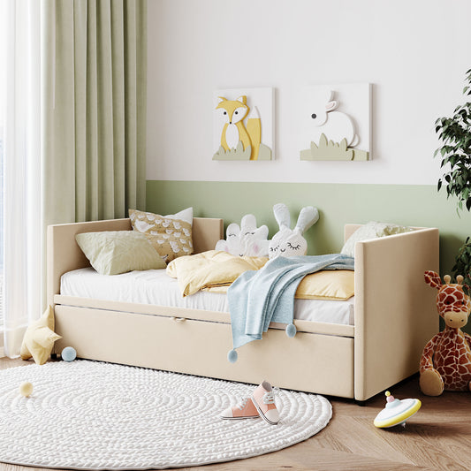 Beige upholstered kids daybed with pullout trundle perfect for a nursery