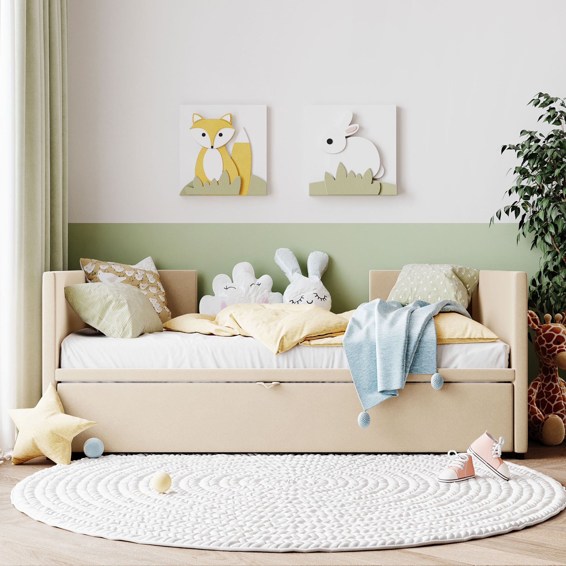 Beige daybed with soft yellow bedding and blue throw blanket