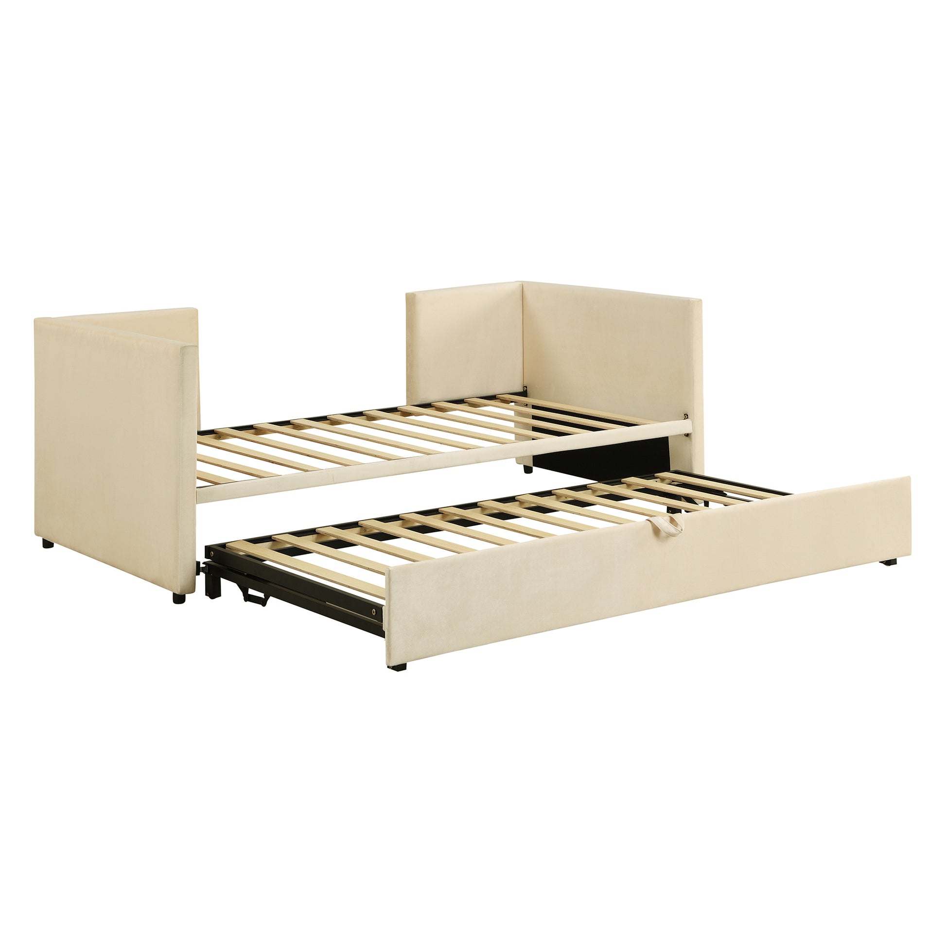 Beige velvet daybed with pullout trundle