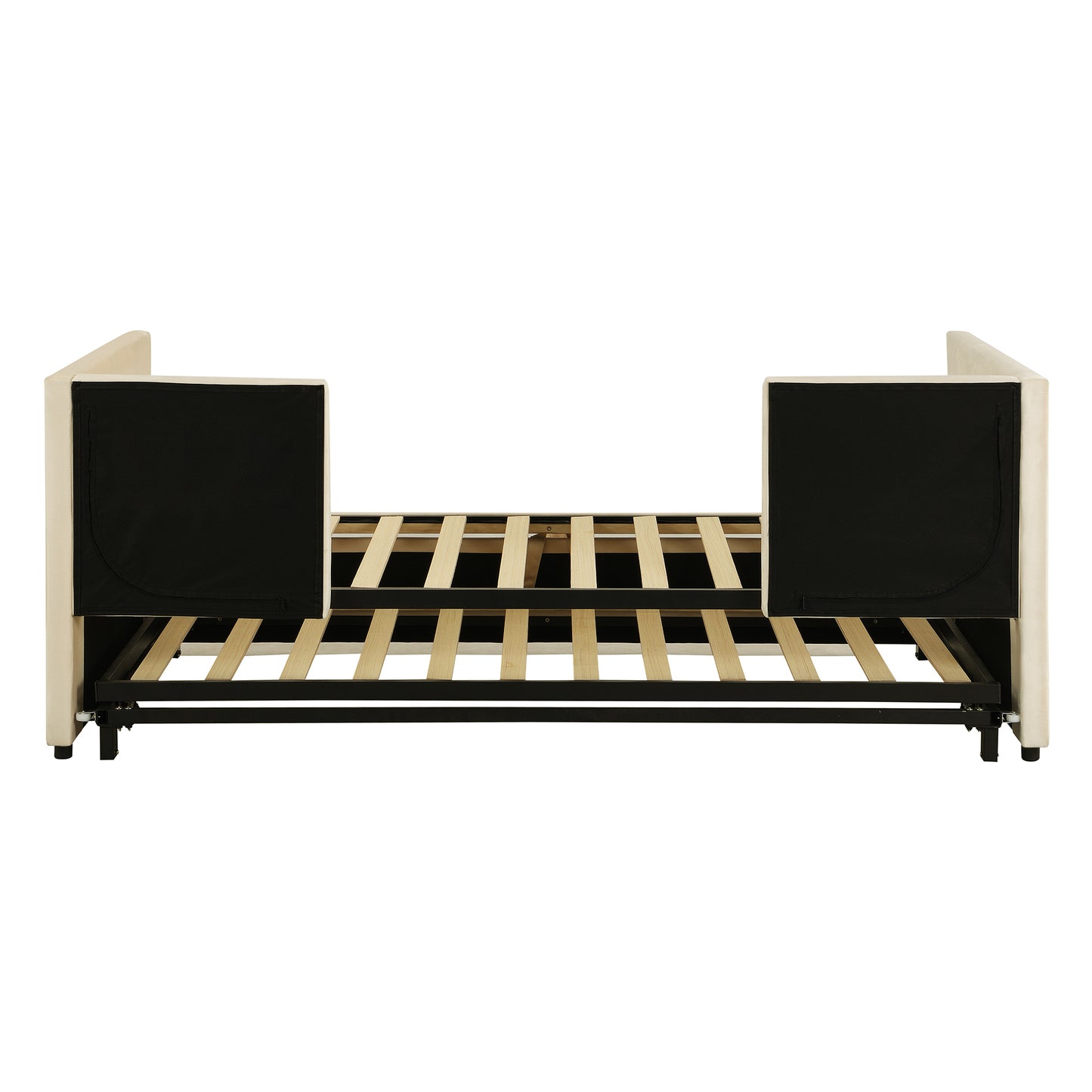 Cream upholstered daybed frame with wooden slats and black back panels