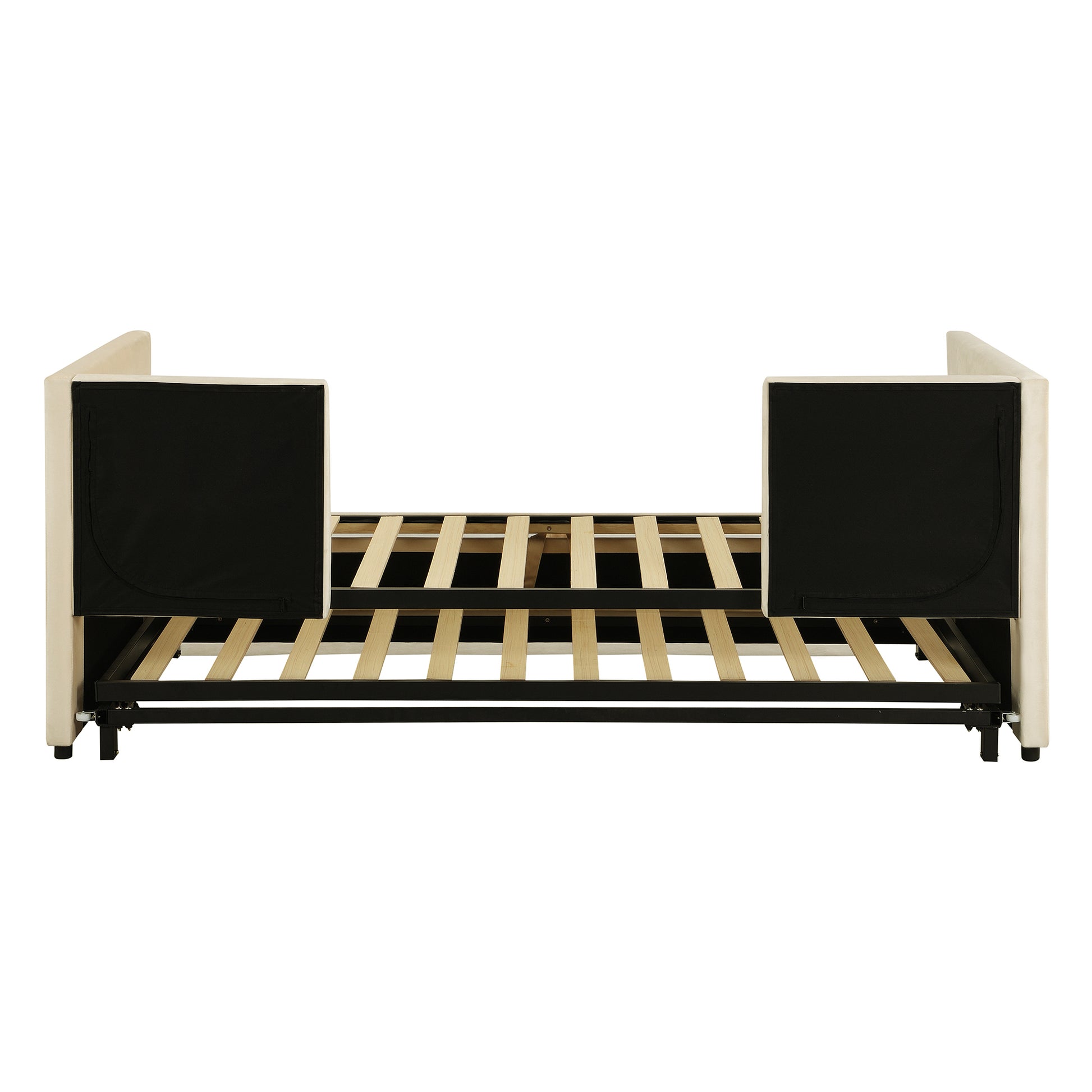 Cream upholstered daybed frame with wooden slats and black back panels