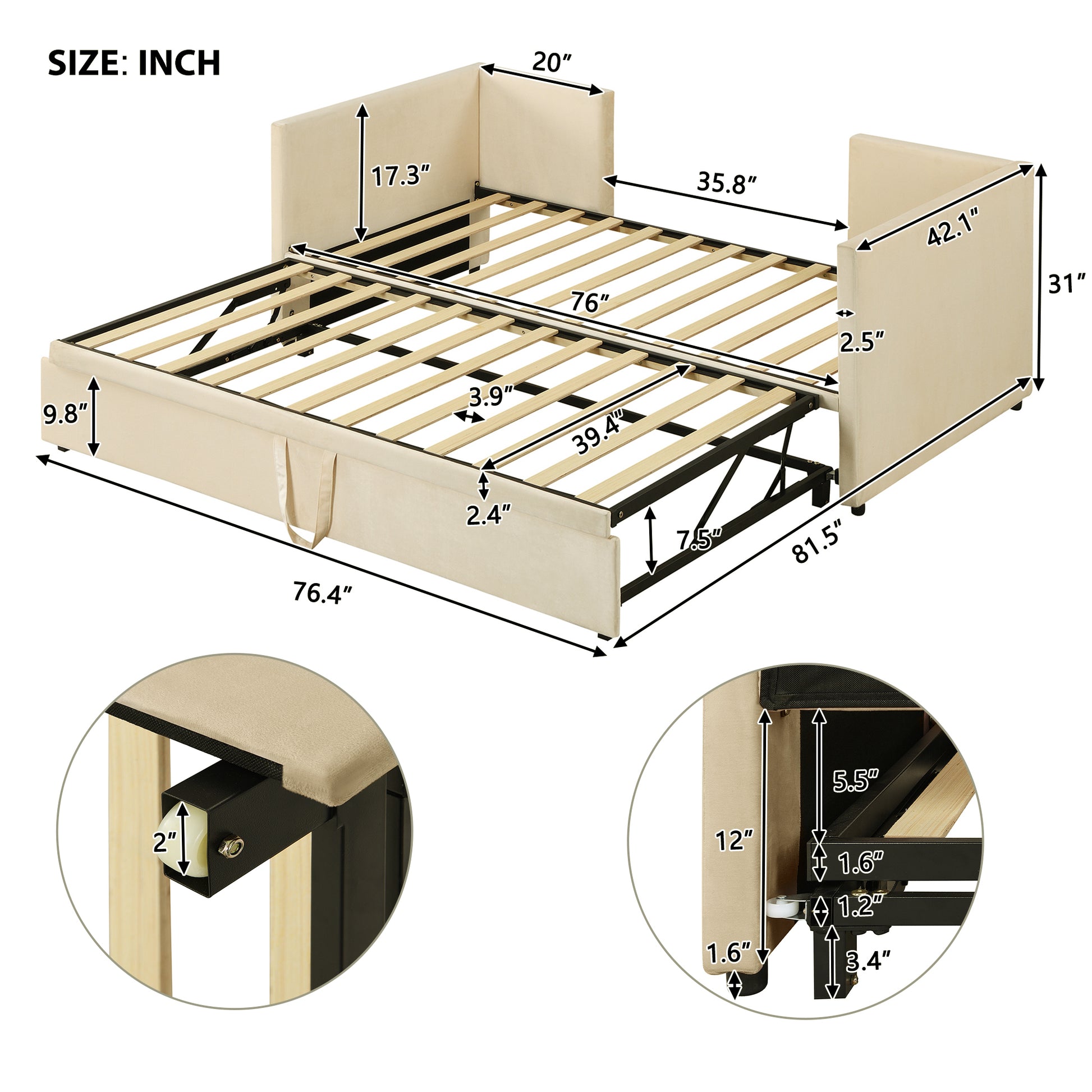 Beige upholstered bed frame with detailed dimension callouts for mattress support and headboard height