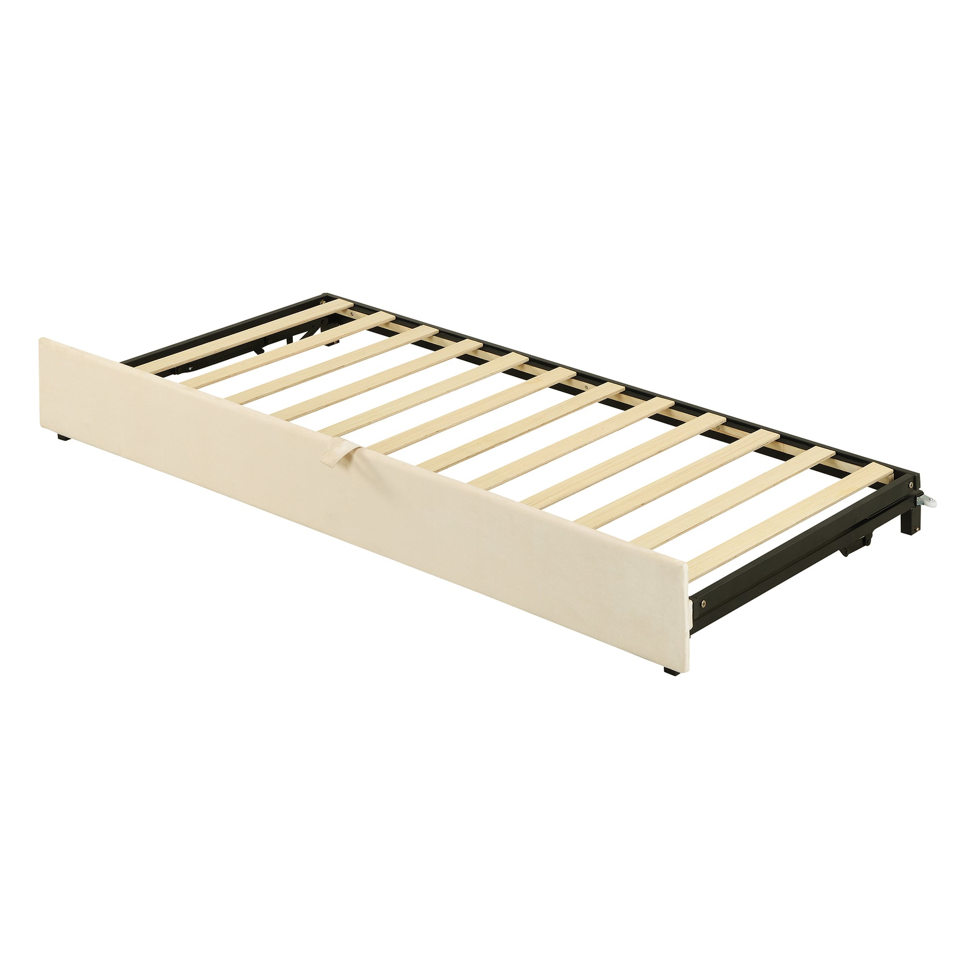 Beige upholstered bed frame with wooden slats and metal support