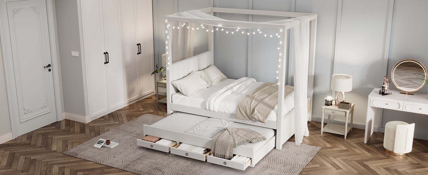 White canopy bed with trundle and string lights