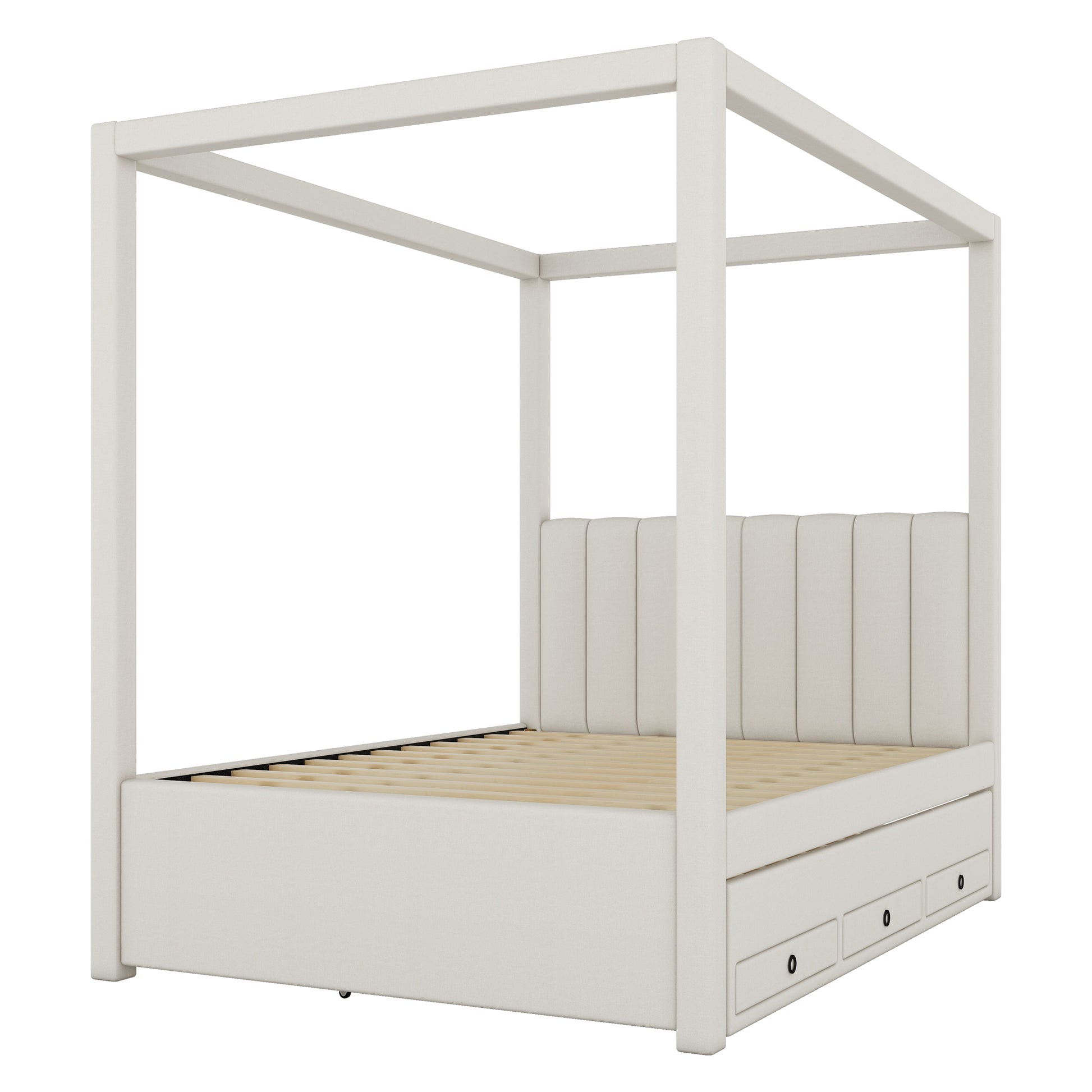 Cream upholstered fourposter bed with three storage drawers