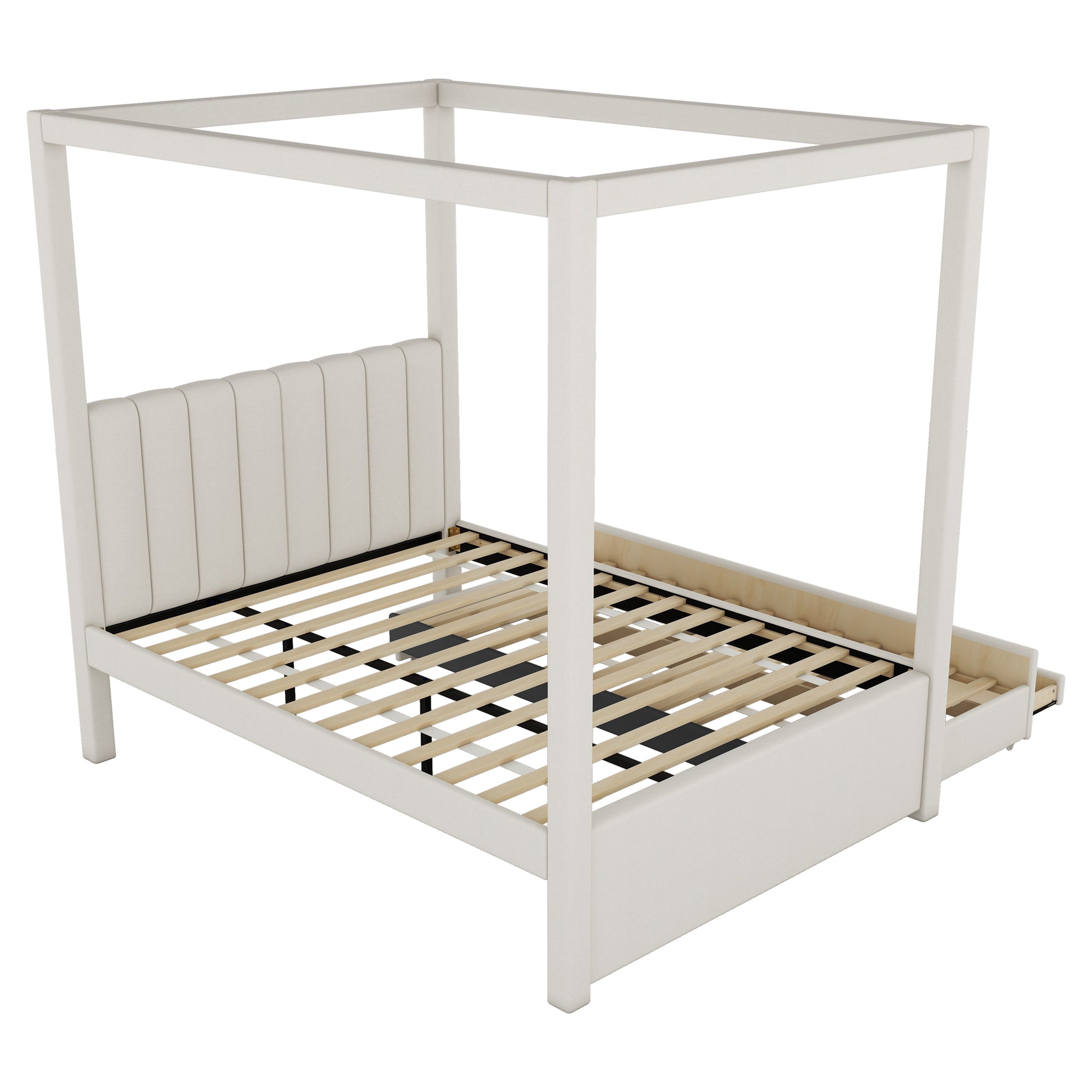 White fabric canopy bed frame with tufted headboard and drawer storage