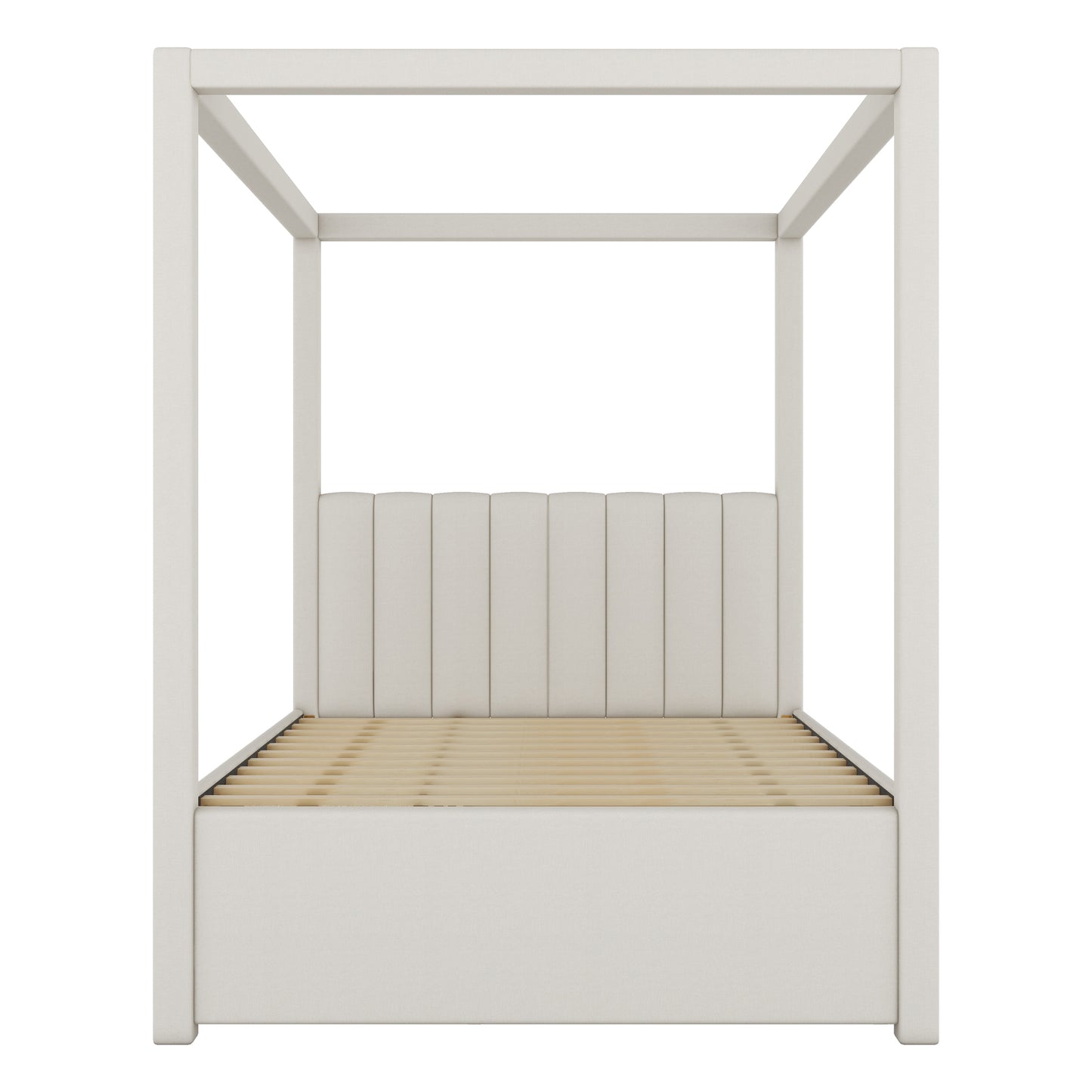 Modern upholstered canopy bed frame in neutral beige fabric