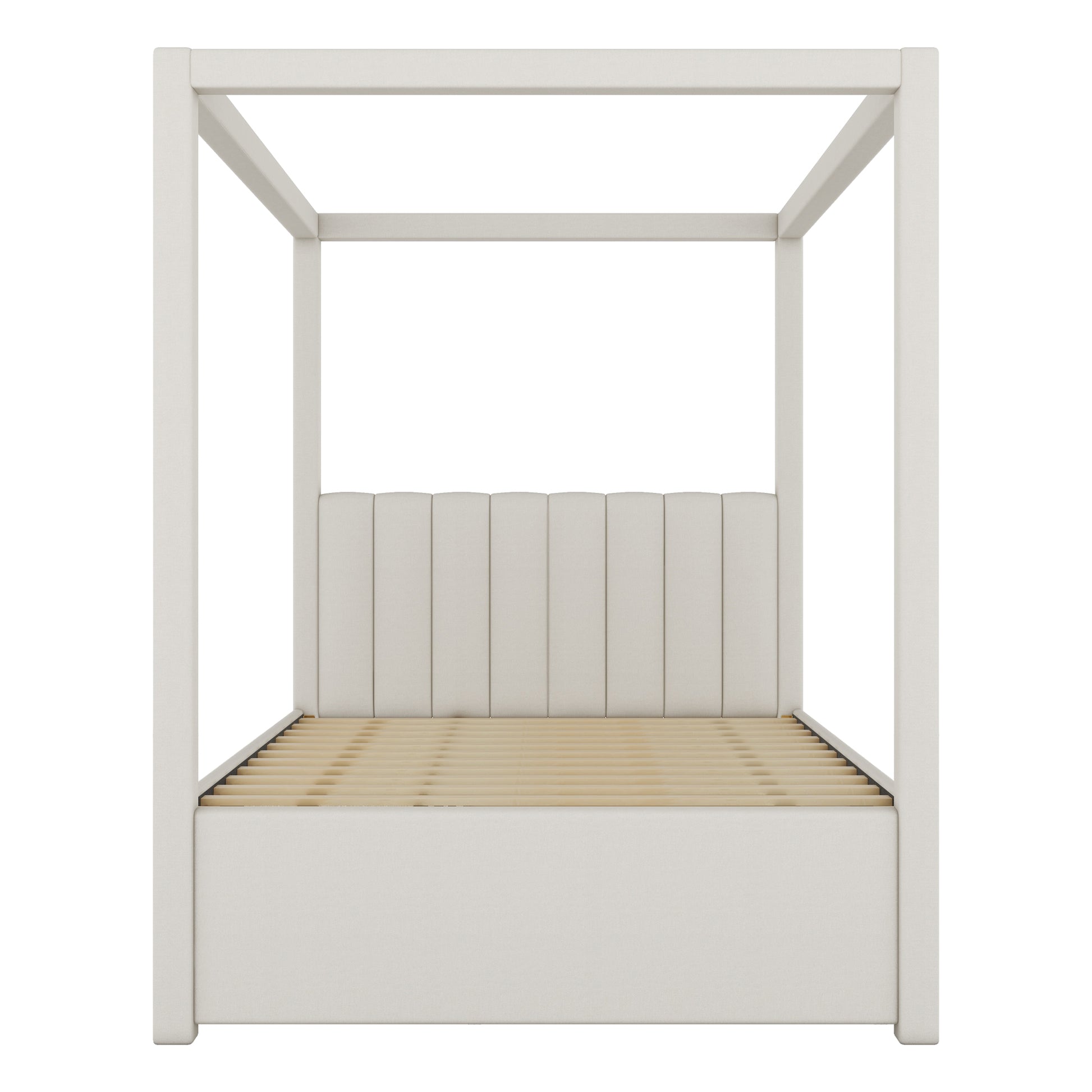 Modern upholstered canopy bed frame in neutral beige fabric