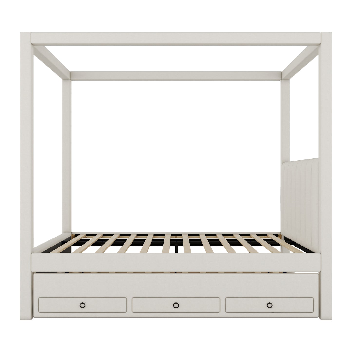 Cream upholstered canopy bed frame with three storage drawers and a padded headboard