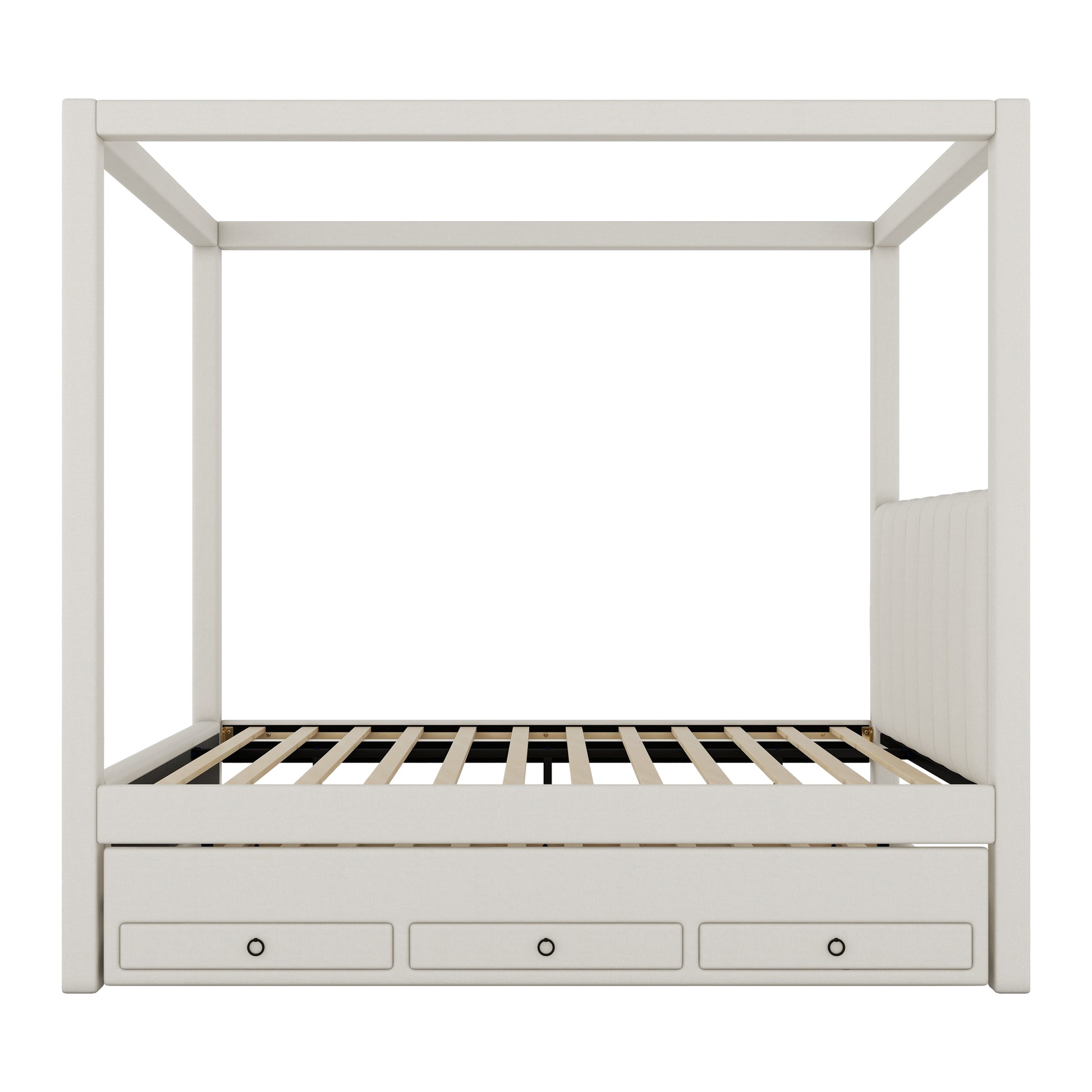 Cream upholstered canopy bed frame with three storage drawers and a padded headboard