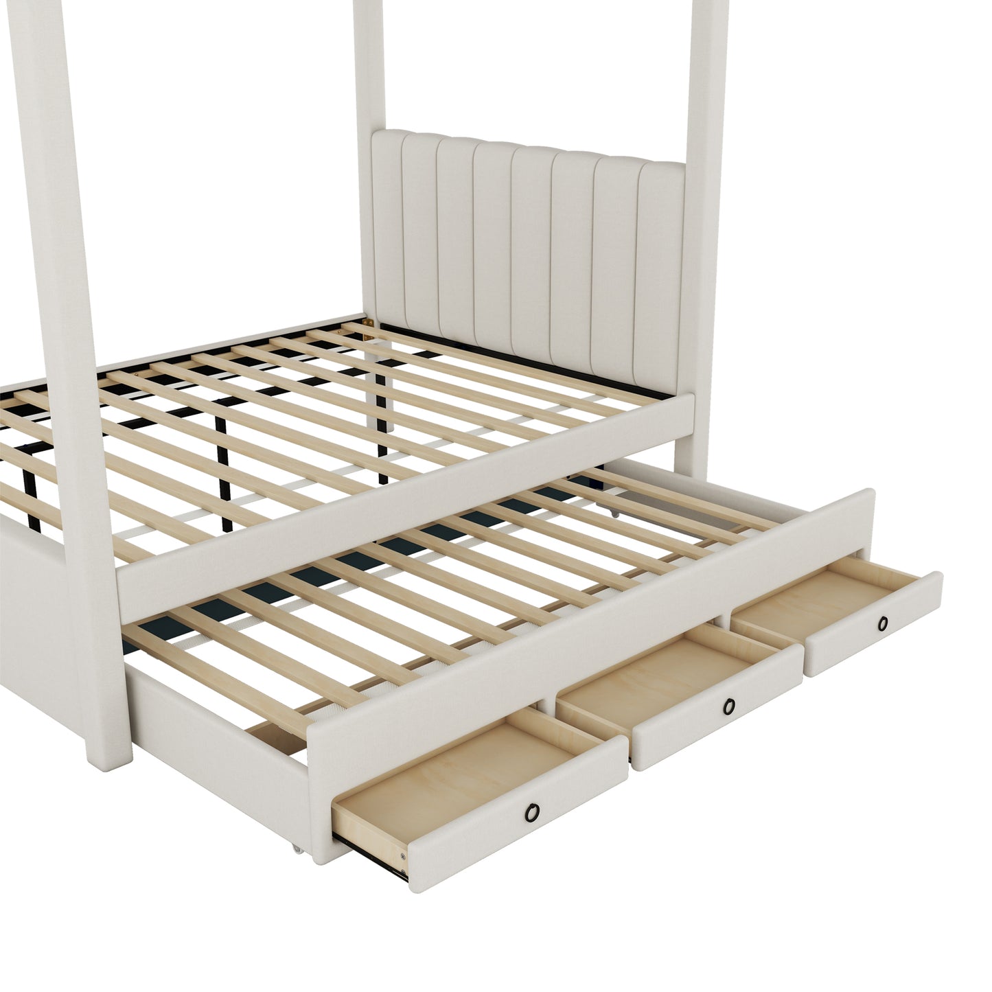 Cream upholstered canopy bed with pullout drawers and slatted frame