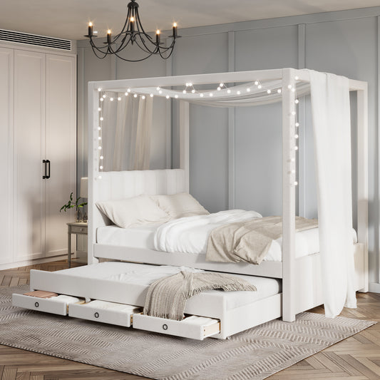 White upholstered canopy bed with pullout trundle and integrated storage drawers