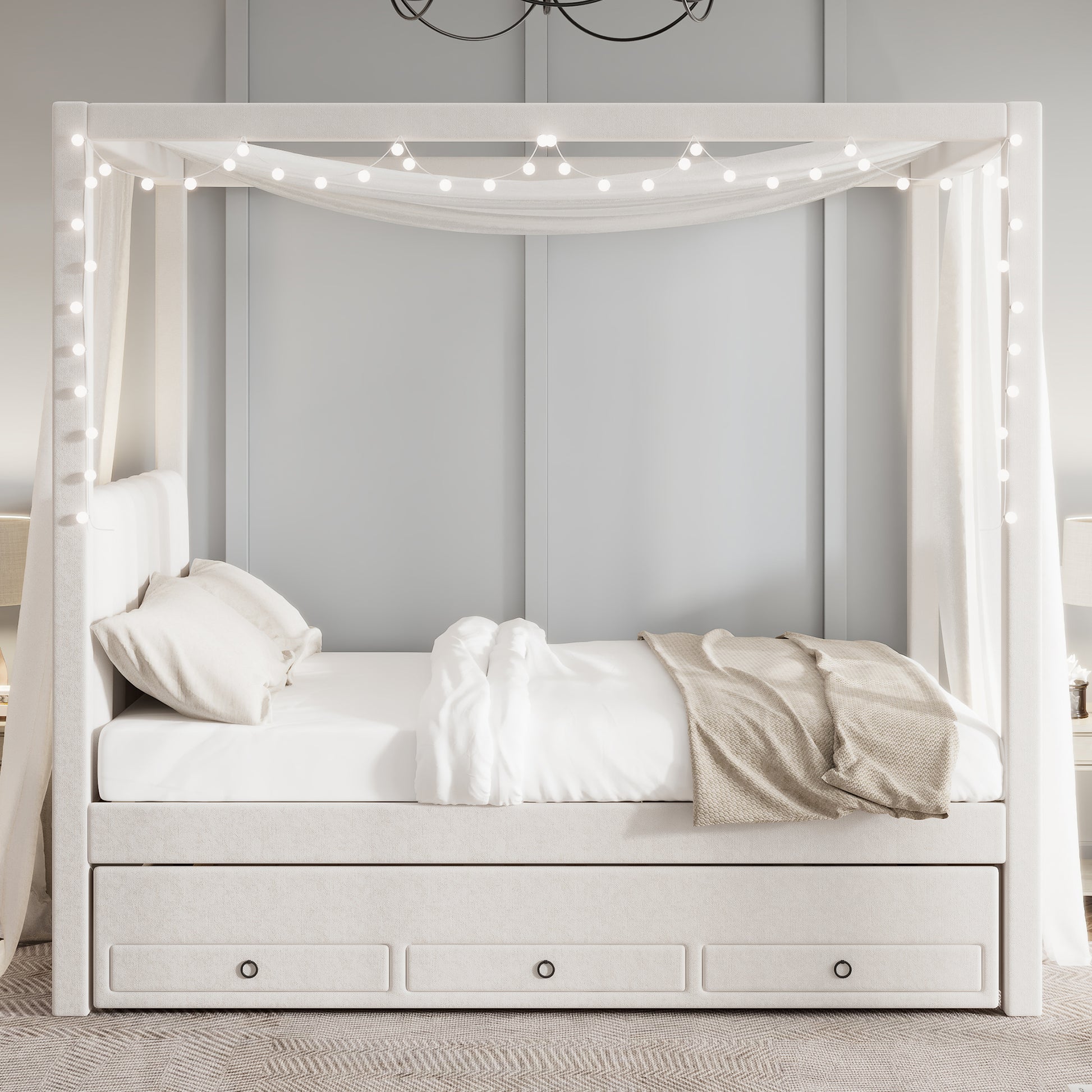 White upholstered fourposter bed with canopy and string lights