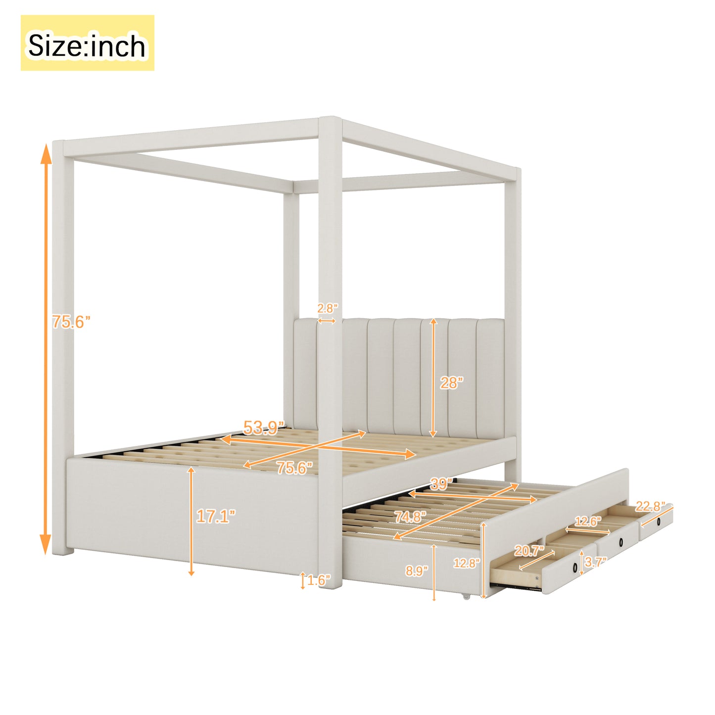 White upholstered canopy bed frame with pullout trundle and drawers